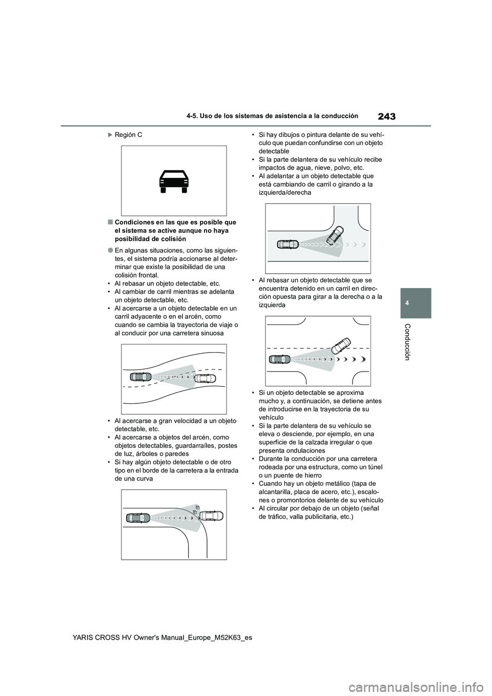 TOYOTA YARIS CROSS 2021 Manuale de Empleo (in Spanish) 243
4
YARIS CROSS HV Owner's Manual_Europe_M52K63_es
4-5. Uso de los sistemas de asistencia a la conducción
Conducción
Región C
■Condiciones en las que es posible que
el sistema se activ TOYOTA YARIS CROSS 2021 Manuale de Empleo (in Spanish) 243
4
YARIS CROSS HV Owner's Manual_Europe_M52K63_es
4-5. Uso de los sistemas de asistencia a la conducción
Conducción
Región C
■Condiciones en las que es posible que
el sistema se activ