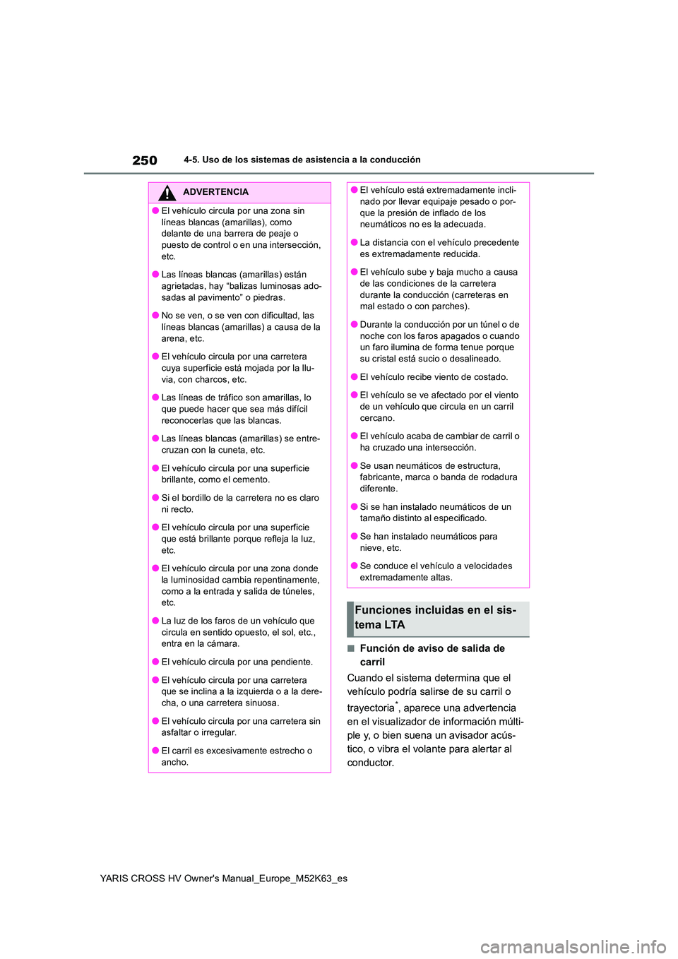 TOYOTA YARIS CROSS 2021 Manuale de Empleo (in Spanish) 250
YARIS CROSS HV Owner's Manual_Europe_M52K63_es
4-5. Uso de los sistemas de asistencia a la conducción
■Función de aviso de salida de
carril
Cuando el sistema determina que el
vehícul TOYOTA YARIS CROSS 2021 Manuale de Empleo (in Spanish) 250
YARIS CROSS HV Owner's Manual_Europe_M52K63_es
4-5. Uso de los sistemas de asistencia a la conducción
■Función de aviso de salida de
carril
Cuando el sistema determina que el
vehícul