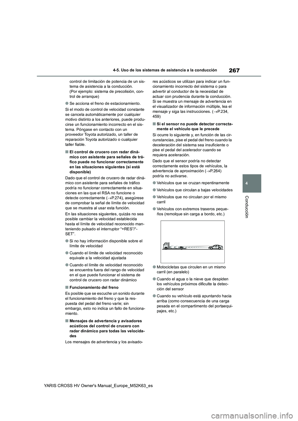 TOYOTA YARIS CROSS 2021 Manuale de Empleo (in Spanish) 267
4
YARIS CROSS HV Owner's Manual_Europe_M52K63_es
4-5. Uso de los sistemas de asistencia a la conducción
Conducción
control de limitación de potencia de un sis- tema de asistencia a la condu TOYOTA YARIS CROSS 2021 Manuale de Empleo (in Spanish) 267
4
YARIS CROSS HV Owner's Manual_Europe_M52K63_es
4-5. Uso de los sistemas de asistencia a la conducción
Conducción
control de limitación de potencia de un sis- tema de asistencia a la condu
