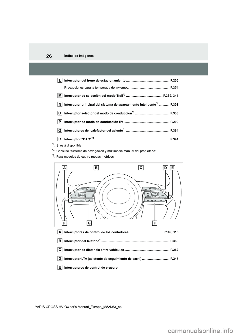 TOYOTA YARIS CROSS 2021 Manuale de Empleo (in Spanish) 26
YARIS CROSS HV Owner's Manual_Europe_M52K63_es
Índice de imágenes
Interruptor del freno de estacionamiento ....................... ...........................P.205
Precauciones para la temp TOYOTA YARIS CROSS 2021 Manuale de Empleo (in Spanish) 26
YARIS CROSS HV Owner's Manual_Europe_M52K63_es
Índice de imágenes
Interruptor del freno de estacionamiento ....................... ...........................P.205
Precauciones para la temp