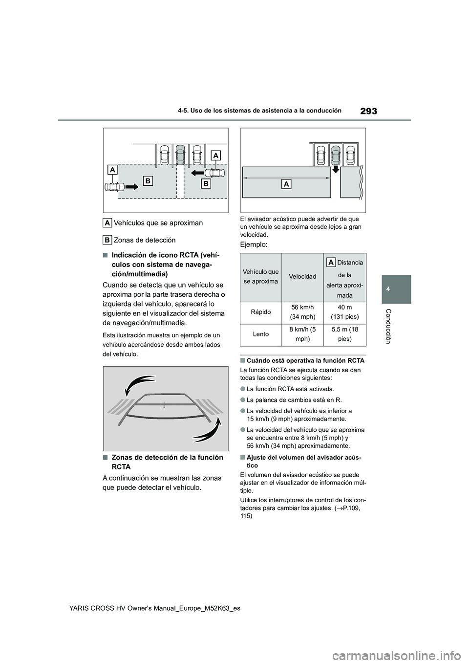 TOYOTA YARIS CROSS 2021 Manuale de Empleo (in Spanish) 293
4
YARIS CROSS HV Owner's Manual_Europe_M52K63_es
4-5. Uso de los sistemas de asistencia a la conducción
Conducción
Vehículos que se aproximan
Zonas de detección
■Indicación de icono RC TOYOTA YARIS CROSS 2021 Manuale de Empleo (in Spanish) 293
4
YARIS CROSS HV Owner's Manual_Europe_M52K63_es
4-5. Uso de los sistemas de asistencia a la conducción
Conducción
Vehículos que se aproximan
Zonas de detección
■Indicación de icono RC