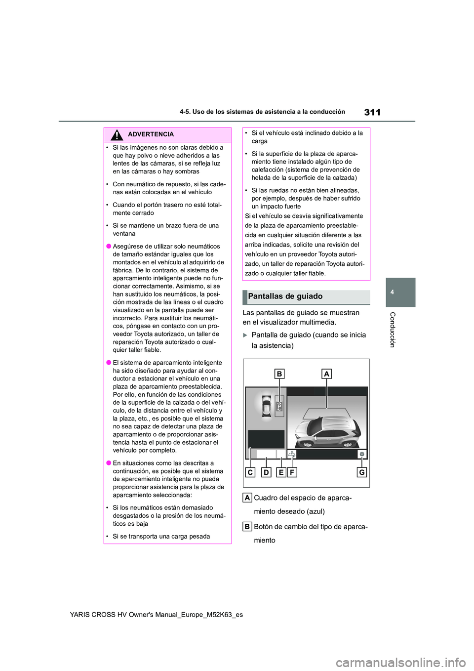 TOYOTA YARIS CROSS 2021 Manuale de Empleo (in Spanish) 311
4
YARIS CROSS HV Owner's Manual_Europe_M52K63_es
4-5. Uso de los sistemas de asistencia a la conducción
ConducciónLas pantallas de guiado se muestran
en el visualizador multimedia.
Pant TOYOTA YARIS CROSS 2021 Manuale de Empleo (in Spanish) 311
4
YARIS CROSS HV Owner's Manual_Europe_M52K63_es
4-5. Uso de los sistemas de asistencia a la conducción
ConducciónLas pantallas de guiado se muestran
en el visualizador multimedia.
Pant