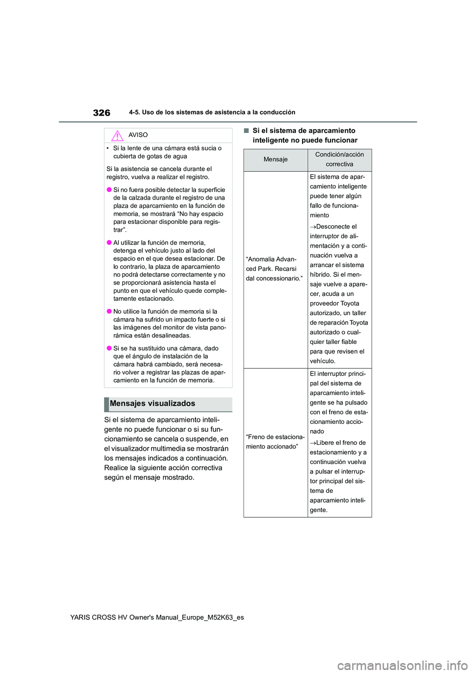 TOYOTA YARIS CROSS 2021 Manuale de Empleo (in Spanish) 326
YARIS CROSS HV Owner's Manual_Europe_M52K63_es
4-5. Uso de los sistemas de asistencia a la conducción
Si el sistema de aparcamiento inteli-
gente no puede funcionar o si su fun-
cionamiento TOYOTA YARIS CROSS 2021 Manuale de Empleo (in Spanish) 326
YARIS CROSS HV Owner's Manual_Europe_M52K63_es
4-5. Uso de los sistemas de asistencia a la conducción
Si el sistema de aparcamiento inteli-
gente no puede funcionar o si su fun-
cionamiento