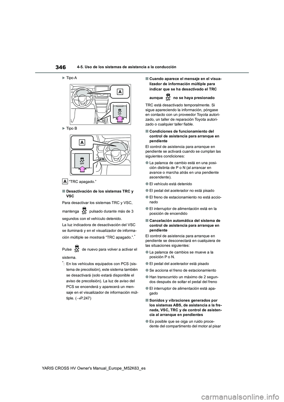 TOYOTA YARIS CROSS 2021 Manuale de Empleo (in Spanish) 346
YARIS CROSS HV Owner's Manual_Europe_M52K63_es
4-5. Uso de los sistemas de asistencia a la conducción
Tipo A
Tipo B
“TRC apagado.”
■Desactivación de los sistemas TRC y
VSC
Pa TOYOTA YARIS CROSS 2021 Manuale de Empleo (in Spanish) 346
YARIS CROSS HV Owner's Manual_Europe_M52K63_es
4-5. Uso de los sistemas de asistencia a la conducción
Tipo A
Tipo B
“TRC apagado.”
■Desactivación de los sistemas TRC y
VSC
Pa