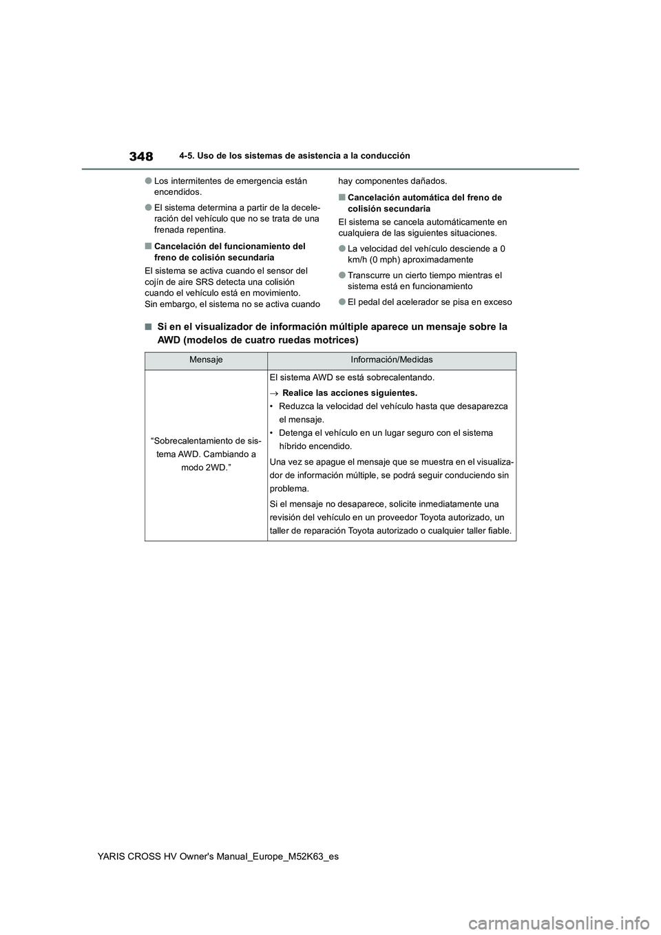 TOYOTA YARIS CROSS 2021 Manuale de Empleo (in Spanish) 348
YARIS CROSS HV Owner's Manual_Europe_M52K63_es
4-5. Uso de los sistemas de asistencia a la conducción
●Los intermitentes de emergencia están encendidos.
●El sistema determina a partir d TOYOTA YARIS CROSS 2021 Manuale de Empleo (in Spanish) 348
YARIS CROSS HV Owner's Manual_Europe_M52K63_es
4-5. Uso de los sistemas de asistencia a la conducción
●Los intermitentes de emergencia están encendidos.
●El sistema determina a partir d
