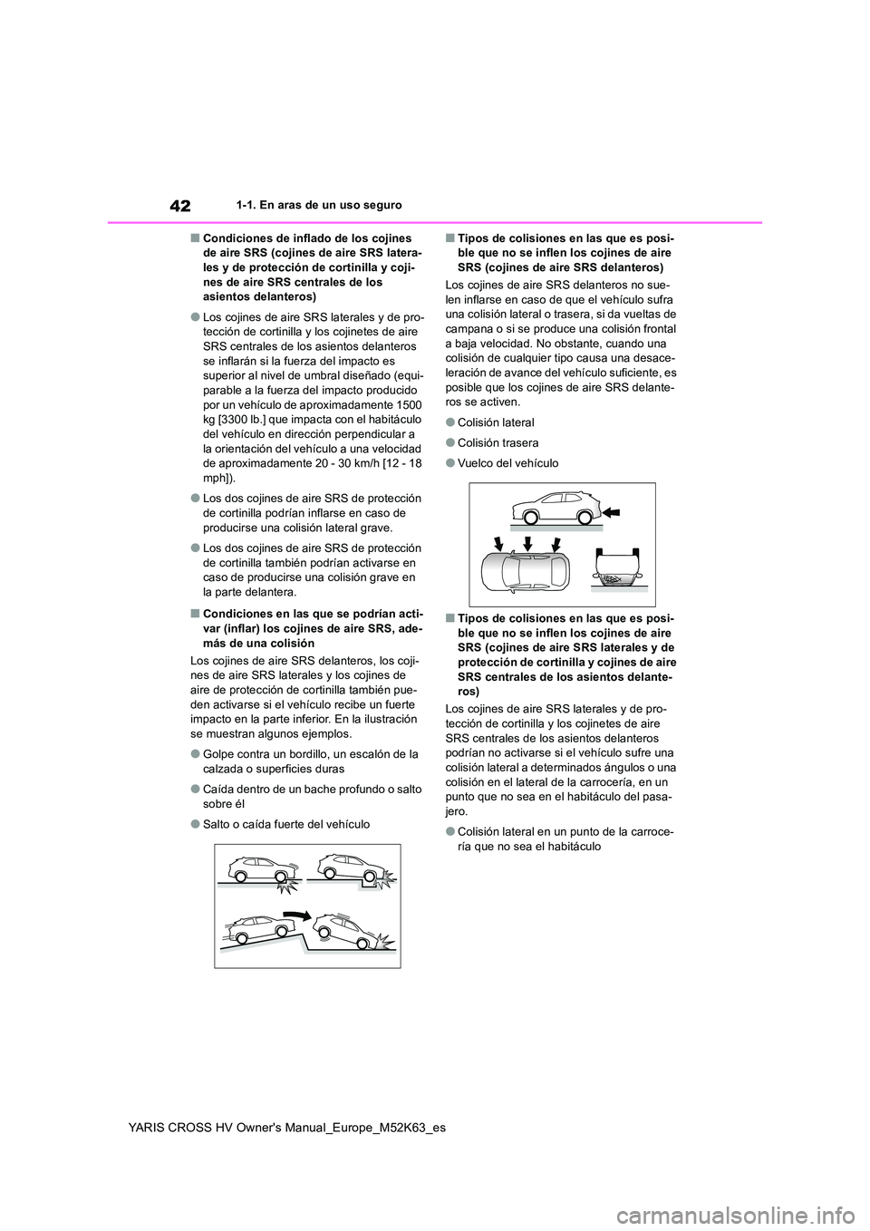TOYOTA YARIS CROSS 2021 Manuale de Empleo (in Spanish) 42
YARIS CROSS HV Owner's Manual_Europe_M52K63_es
1-1. En aras de un uso seguro
■Condiciones de inflado de los cojines de aire SRS (cojines de aire SRS latera-les y de protección de cortinilla TOYOTA YARIS CROSS 2021 Manuale de Empleo (in Spanish) 42
YARIS CROSS HV Owner's Manual_Europe_M52K63_es
1-1. En aras de un uso seguro
■Condiciones de inflado de los cojines de aire SRS (cojines de aire SRS latera-les y de protección de cortinilla