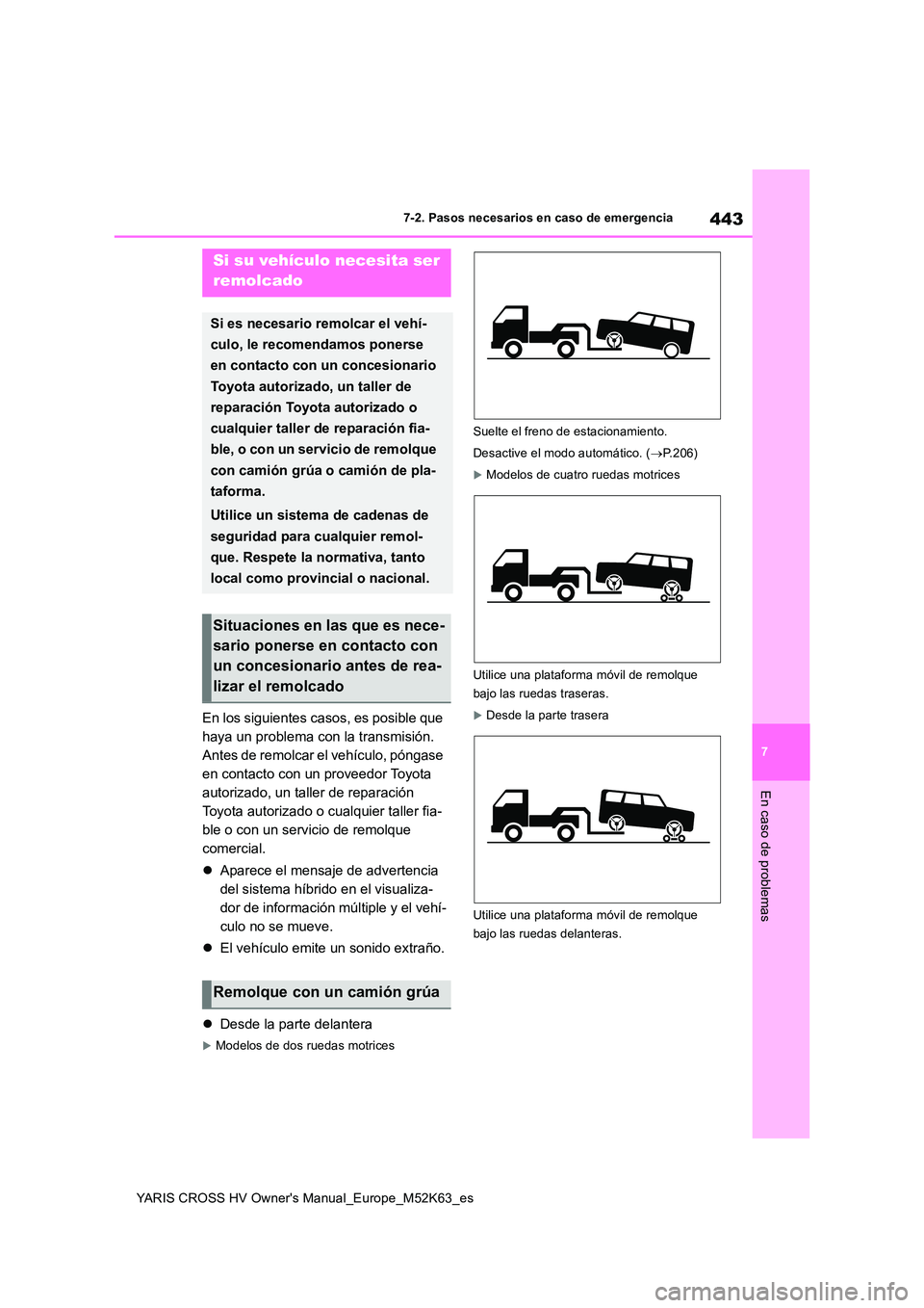 TOYOTA YARIS CROSS 2021 Manuale de Empleo (in Spanish) 443
7
YARIS CROSS HV Owner's Manual_Europe_M52K63_es
7-2. Pasos necesarios en caso de emergencia
En caso de problemas
7-2.Paso s neces arios en c aso de emergenc ia
En los siguientes casos, es p TOYOTA YARIS CROSS 2021 Manuale de Empleo (in Spanish) 443
7
YARIS CROSS HV Owner's Manual_Europe_M52K63_es
7-2. Pasos necesarios en caso de emergencia
En caso de problemas
7-2.Paso s neces arios en c aso de emergenc ia
En los siguientes casos, es p
