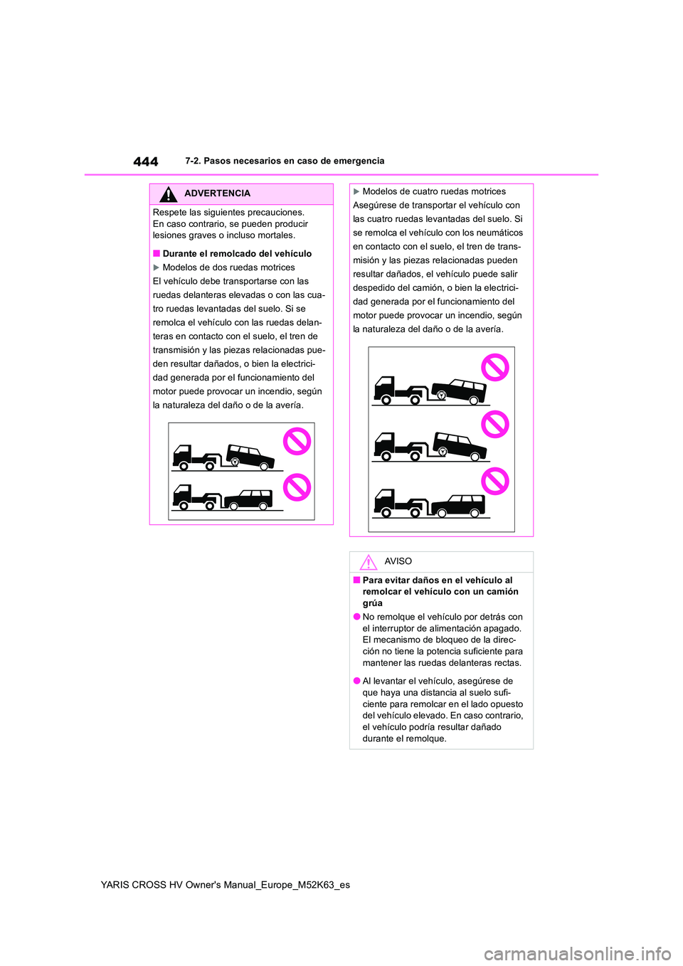 TOYOTA YARIS CROSS 2021 Manuale de Empleo (in Spanish) 444
YARIS CROSS HV Owner's Manual_Europe_M52K63_es
7-2. Pasos necesarios en caso de emergencia
ADVERTENCIA
Respete las siguientes precauciones.
En caso contrario, se pueden producir lesiones gra TOYOTA YARIS CROSS 2021 Manuale de Empleo (in Spanish) 444
YARIS CROSS HV Owner's Manual_Europe_M52K63_es
7-2. Pasos necesarios en caso de emergencia
ADVERTENCIA
Respete las siguientes precauciones.
En caso contrario, se pueden producir lesiones gra