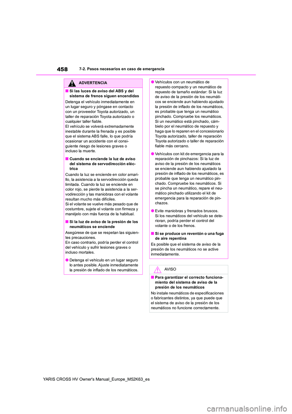 TOYOTA YARIS CROSS 2021  Manuale de Empleo (in Spanish) 458
YARIS CROSS HV Owner's Manual_Europe_M52K63_es
7-2. Pasos necesarios en caso de emergencia
ADVERTENCIA
■Si las luces de aviso del ABS y del  
sistema de frenos siguen encendidas 
Detenga el 