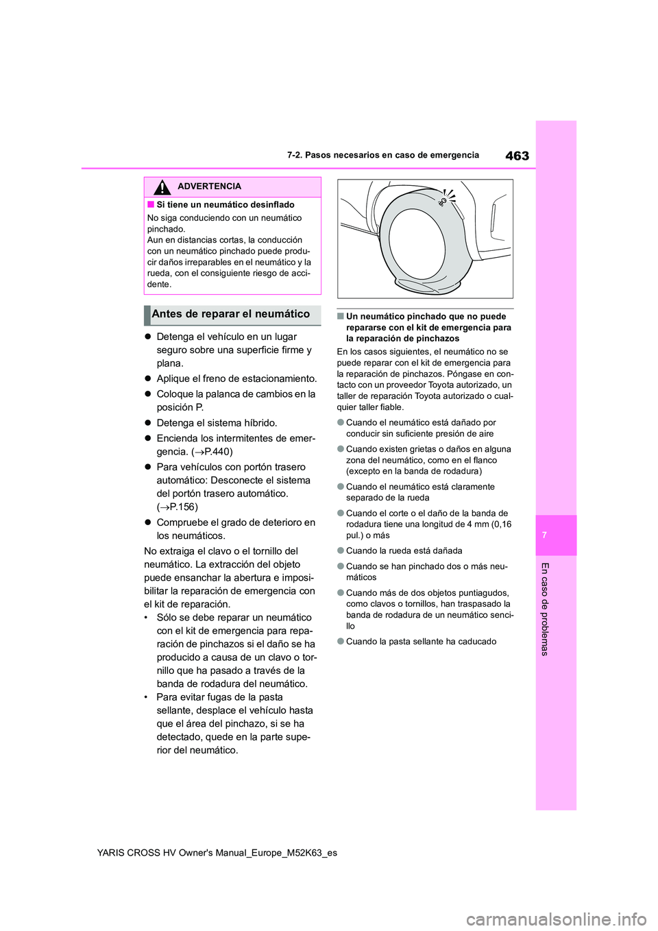 TOYOTA YARIS CROSS 2021  Manuale de Empleo (in Spanish) 463
7
YARIS CROSS HV Owner's Manual_Europe_M52K63_es
7-2. Pasos necesarios en caso de emergencia
En caso de problemas
Detenga el vehículo en un lugar  
seguro sobre una superficie firme y 
pla