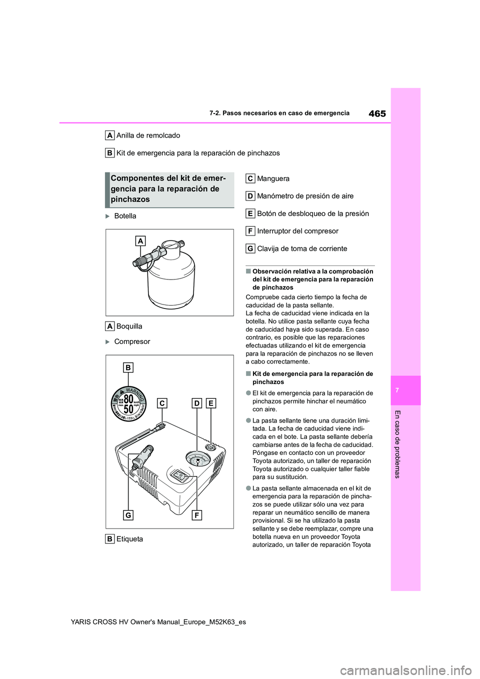 TOYOTA YARIS CROSS 2021  Manuale de Empleo (in Spanish) 465
7
YARIS CROSS HV Owner's Manual_Europe_M52K63_es
7-2. Pasos necesarios en caso de emergencia
En caso de problemas
Anilla de remolcado 
Kit de emergencia para la reparación de pinchazos
Bot