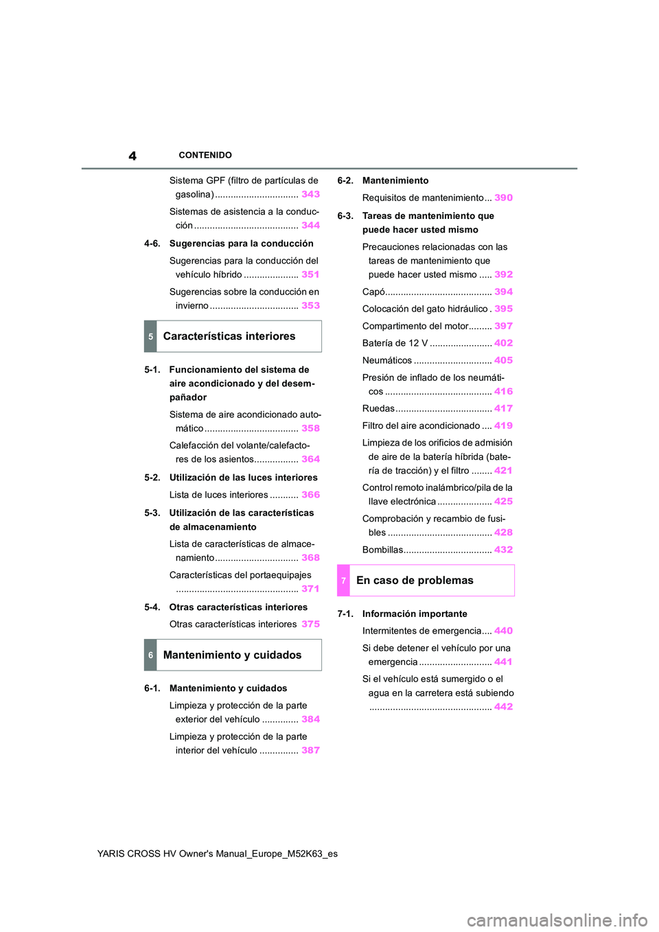 TOYOTA YARIS CROSS 2021  Manuale de Empleo (in Spanish) 4
YARIS CROSS HV Owner's Manual_Europe_M52K63_es
CONTENIDO
Sistema GPF (filtro de partículas de  
gasolina) ................................ 343 
Sistemas de asistencia a la conduc- 
ción ......