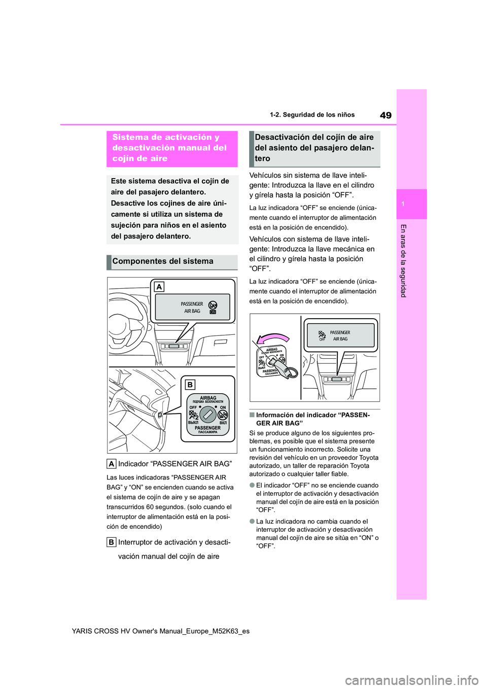 TOYOTA YARIS CROSS 2021 Manuale de Empleo (in Spanish) 49
1
YARIS CROSS HV Owner's Manual_Europe_M52K63_es
1-2. Seguridad de los niños
En aras de la seguridad
1-2.Segu ridad de los niñ os
Indicador “PASSENGER AIR BAG”
Las luces indicadoras “PA TOYOTA YARIS CROSS 2021 Manuale de Empleo (in Spanish) 49
1
YARIS CROSS HV Owner's Manual_Europe_M52K63_es
1-2. Seguridad de los niños
En aras de la seguridad
1-2.Segu ridad de los niñ os
Indicador “PASSENGER AIR BAG”
Las luces indicadoras “PA