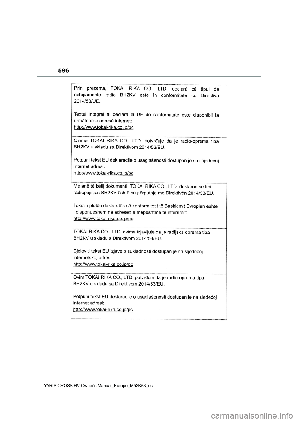 TOYOTA YARIS CROSS 2021  Manuale de Empleo (in Spanish) 596
YARIS CROSS HV Owner's Manual_Europe_M52K63_es 