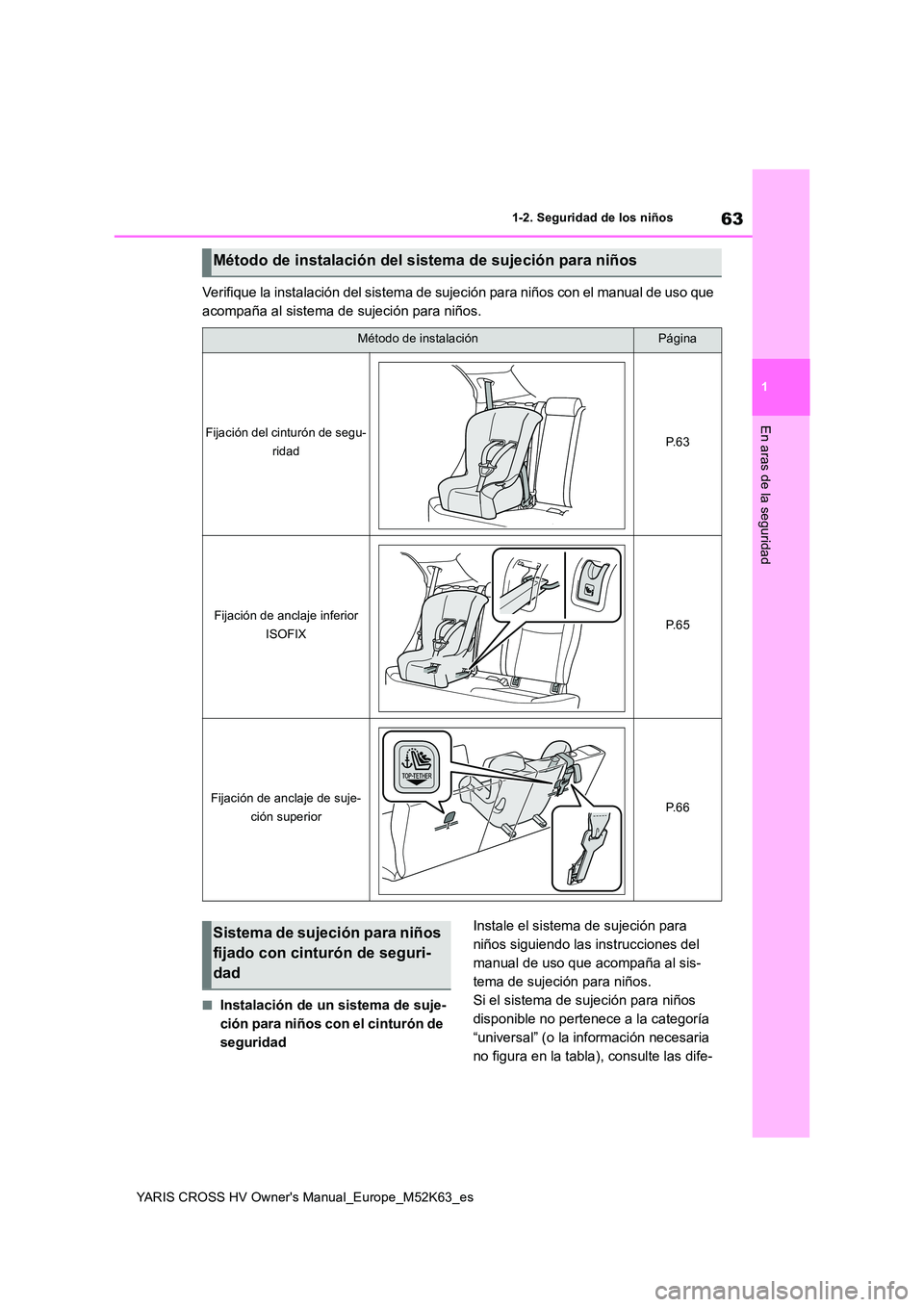 TOYOTA YARIS CROSS 2021 Manuale de Empleo (in Spanish) 63
1
YARIS CROSS HV Owner's Manual_Europe_M52K63_es
1-2. Seguridad de los niños
En aras de la seguridad
Verifique la instalación del sistema de sujeción para niños con el manual de uso que
a TOYOTA YARIS CROSS 2021 Manuale de Empleo (in Spanish) 63
1
YARIS CROSS HV Owner's Manual_Europe_M52K63_es
1-2. Seguridad de los niños
En aras de la seguridad
Verifique la instalación del sistema de sujeción para niños con el manual de uso que
a