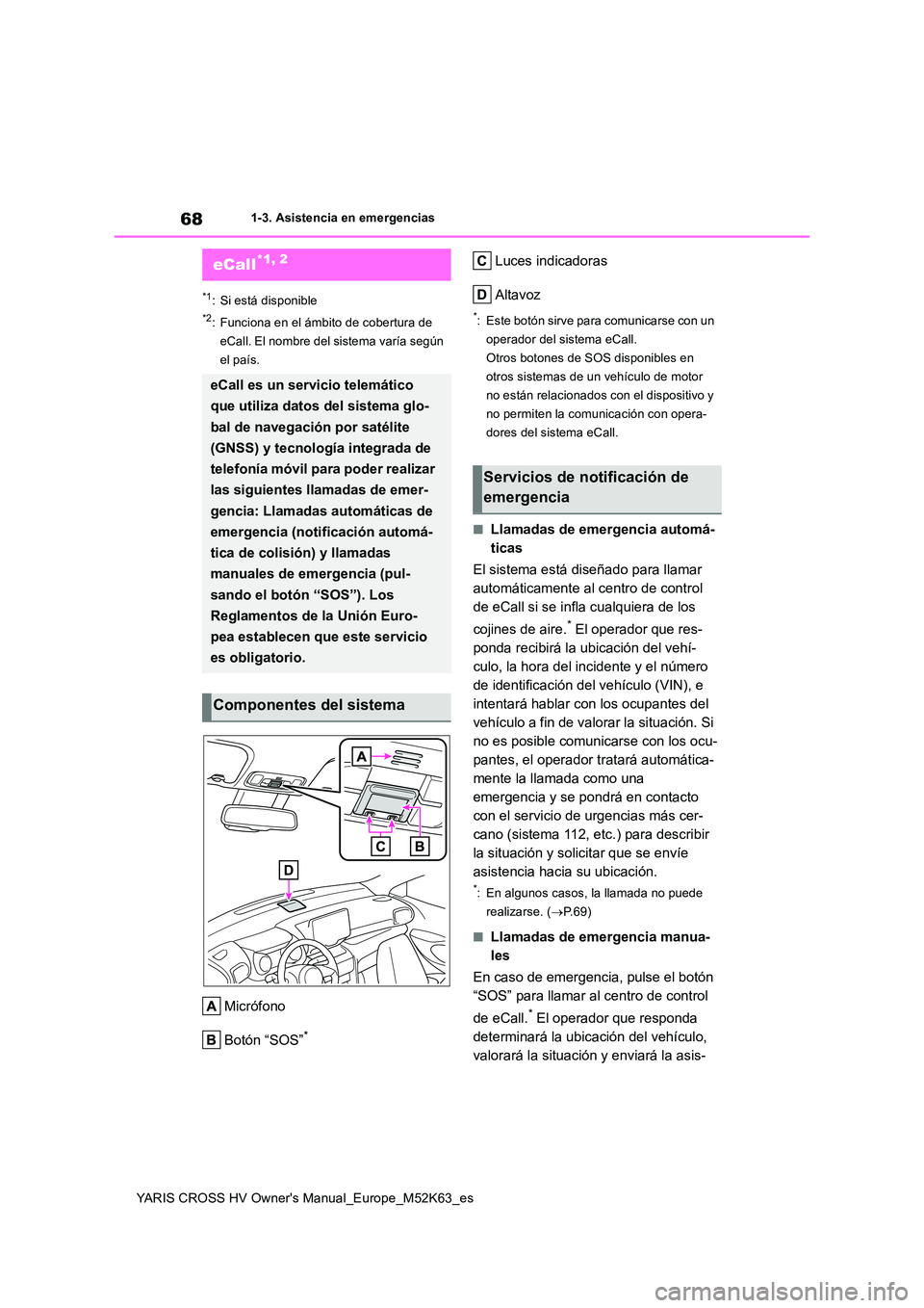 TOYOTA YARIS CROSS 2021 Manuale de Empleo (in Spanish) 68
YARIS CROSS HV Owner's Manual_Europe_M52K63_es
1-3. Asistencia en emergencias
1-3.Asistencia en emergenc ias
*1: Si está disponible
*2: Funciona en el ámbito de cobertura de
eCall. El nombr TOYOTA YARIS CROSS 2021 Manuale de Empleo (in Spanish) 68
YARIS CROSS HV Owner's Manual_Europe_M52K63_es
1-3. Asistencia en emergencias
1-3.Asistencia en emergenc ias
*1: Si está disponible
*2: Funciona en el ámbito de cobertura de
eCall. El nombr
