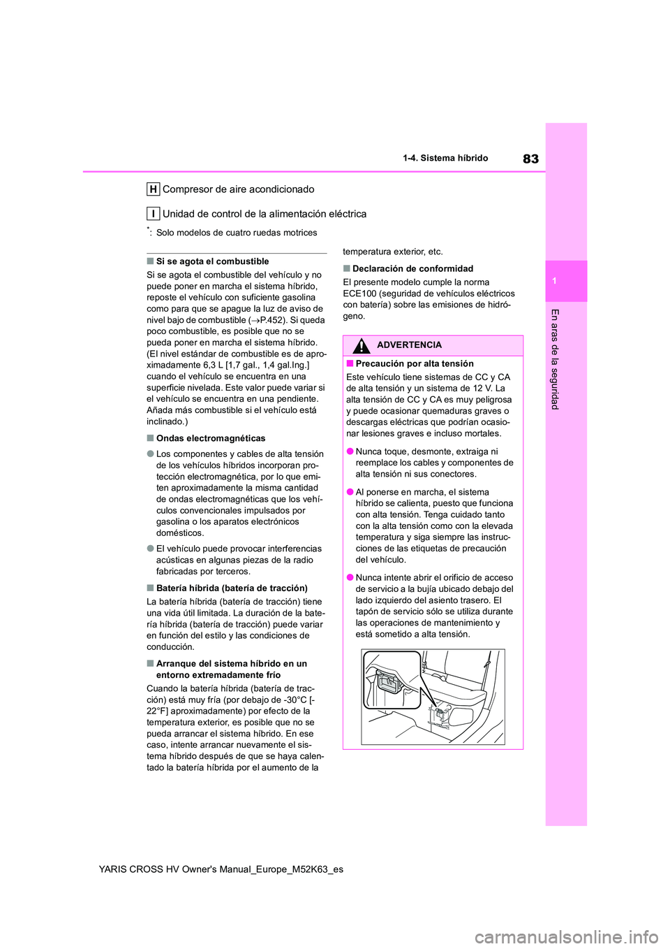 TOYOTA YARIS CROSS 2021 Manuale de Empleo (in Spanish) 83
1
YARIS CROSS HV Owner's Manual_Europe_M52K63_es
1-4. Sistema híbrido
En aras de la seguridad
Compresor de aire acondicionado
Unidad de control de la alimentación eléctrica
*: Solo modelos TOYOTA YARIS CROSS 2021 Manuale de Empleo (in Spanish) 83
1
YARIS CROSS HV Owner's Manual_Europe_M52K63_es
1-4. Sistema híbrido
En aras de la seguridad
Compresor de aire acondicionado
Unidad de control de la alimentación eléctrica
*: Solo modelos
