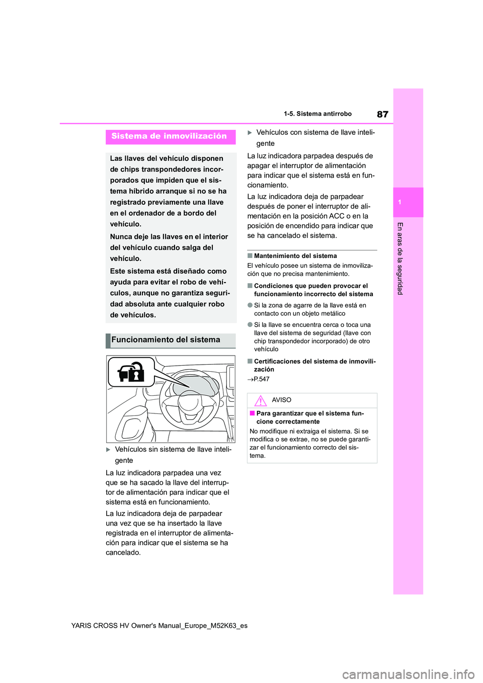 TOYOTA YARIS CROSS 2021 Manuale de Empleo (in Spanish) 87
1
YARIS CROSS HV Owner's Manual_Europe_M52K63_es
1-5. Sistema antirrobo
En aras de la seguridad
1-5.Siste ma a ntirrobo
Vehículos sin sistema de llave inteli-
gente
La luz indicadora par TOYOTA YARIS CROSS 2021 Manuale de Empleo (in Spanish) 87
1
YARIS CROSS HV Owner's Manual_Europe_M52K63_es
1-5. Sistema antirrobo
En aras de la seguridad
1-5.Siste ma a ntirrobo
Vehículos sin sistema de llave inteli-
gente
La luz indicadora par