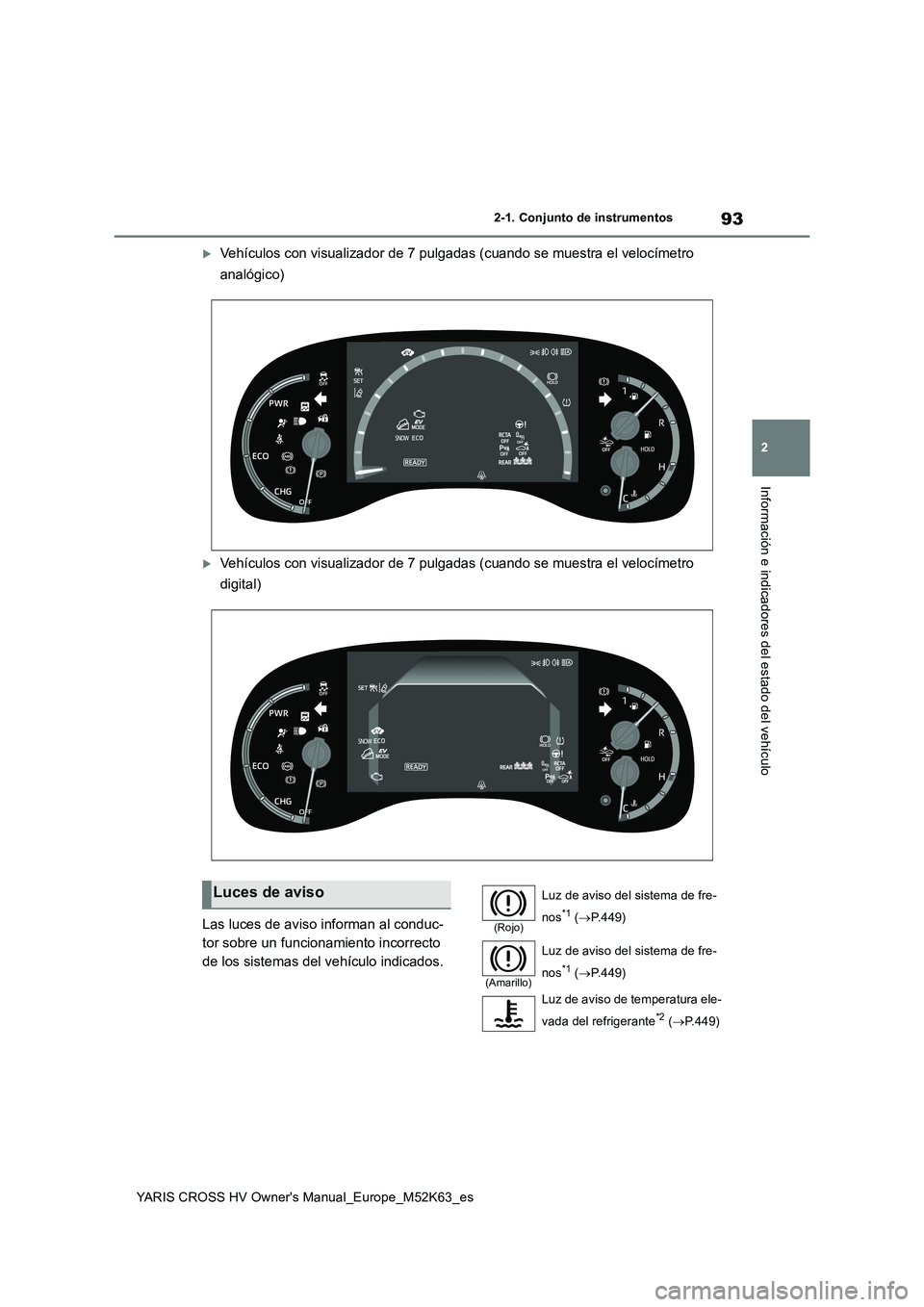 TOYOTA YARIS CROSS 2021  Manuale de Empleo (in Spanish) 93
2
YARIS CROSS HV Owner's Manual_Europe_M52K63_es
2-1. Conjunto de instrumentos
Información e indicadores del estado del vehículo
Vehículos con visualizador de 7 pulgadas (cuando se muestr
