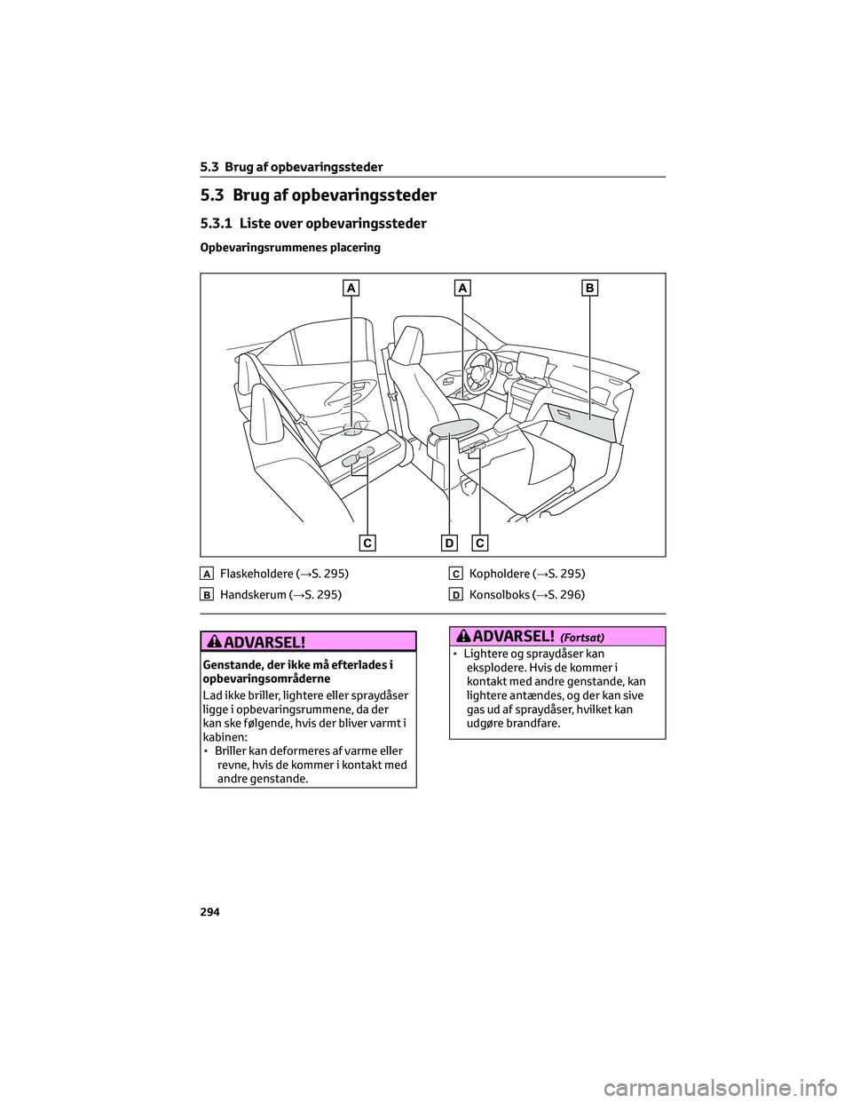 TOYOTA YARIS CROSS 2021 Brugsanvisning (in Danish) 5.3 Brug af opbevaringssteder
5.3.1 Liste over opbevaringssteder
Opbevaringsrummenes placering
AFlaskeholdere (→S. 295)
BHandskerum (→S. 295)
CKopholdere (→S. 295)
DKonsolboks (→S. 296)
ADVARS TOYOTA YARIS CROSS 2021 Brugsanvisning (in Danish) 5.3 Brug af opbevaringssteder
5.3.1 Liste over opbevaringssteder
Opbevaringsrummenes placering
AFlaskeholdere (→S. 295)
BHandskerum (→S. 295)
CKopholdere (→S. 295)
DKonsolboks (→S. 296)
ADVARS