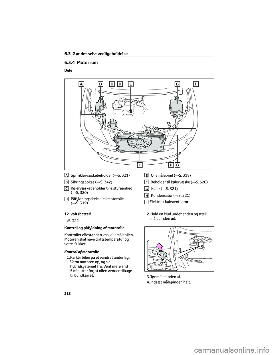 TOYOTA YARIS CROSS 2021 Brugsanvisning (in Danish) 6.3.4 Motorrum
Dele
ASprinklervæskebeholder (→S. 321)
BSikringsbokse (→S. 342)
CKølervæskebeholder til elstyreenhed
(→S. 320)
DPåfyldningsdæksel til motorolie
(→S. 319)
EOliemålepind ( TOYOTA YARIS CROSS 2021 Brugsanvisning (in Danish) 6.3.4 Motorrum
Dele
ASprinklervæskebeholder (→S. 321)
BSikringsbokse (→S. 342)
CKølervæskebeholder til elstyreenhed
(→S. 320)
DPåfyldningsdæksel til motorolie
(→S. 319)
EOliemålepind (