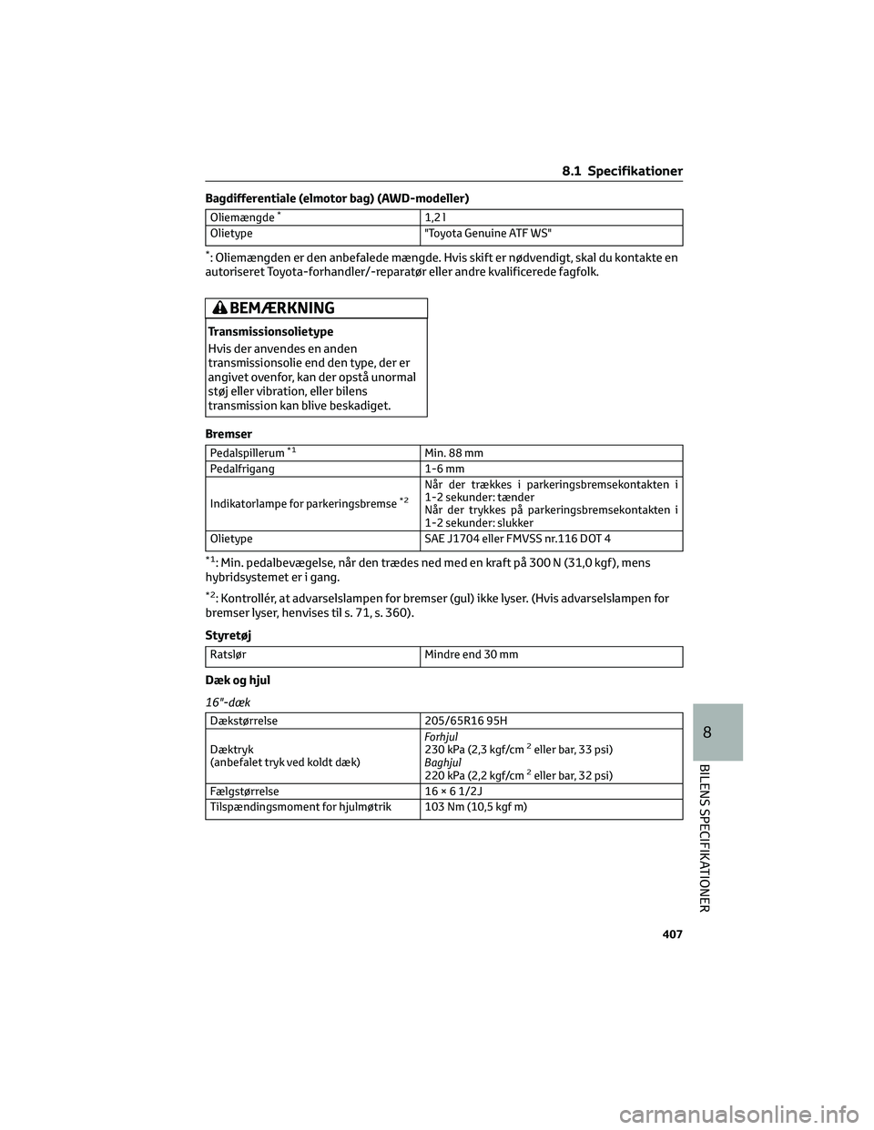 TOYOTA YARIS CROSS 2021 Brugsanvisning (in Danish) Bagdifferentiale (elmotor bag) (AWD-modeller)
Oliemængde*1,2 l
Olietype "Toyota Genuine ATF WS"
*: Oliemængden er den anbefalede mængde. Hvis skift er nødvendigt, skal du kontakte en
autor TOYOTA YARIS CROSS 2021 Brugsanvisning (in Danish) Bagdifferentiale (elmotor bag) (AWD-modeller)
Oliemængde*1,2 l
Olietype "Toyota Genuine ATF WS"
*: Oliemængden er den anbefalede mængde. Hvis skift er nødvendigt, skal du kontakte en
autor