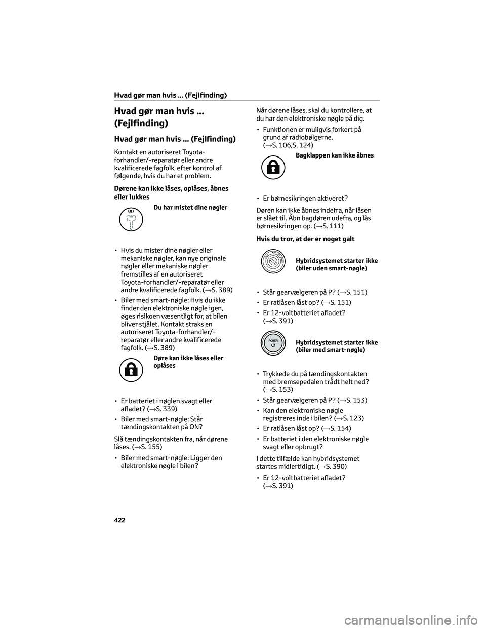 TOYOTA YARIS CROSS 2021 Brugsanvisning (in Danish) Hvad gør man hvis ...
(Fejlfinding)
Hvad gør man hvis ... (Fejlfinding)
Kontakt en autoriseret Toyota-
forhandler/-reparatør eller andre
kvalificerede fagfolk, efter kontrol af
følgende, hvis du h TOYOTA YARIS CROSS 2021 Brugsanvisning (in Danish) Hvad gør man hvis ...
(Fejlfinding)
Hvad gør man hvis ... (Fejlfinding)
Kontakt en autoriseret Toyota-
forhandler/-reparatør eller andre
kvalificerede fagfolk, efter kontrol af
følgende, hvis du h