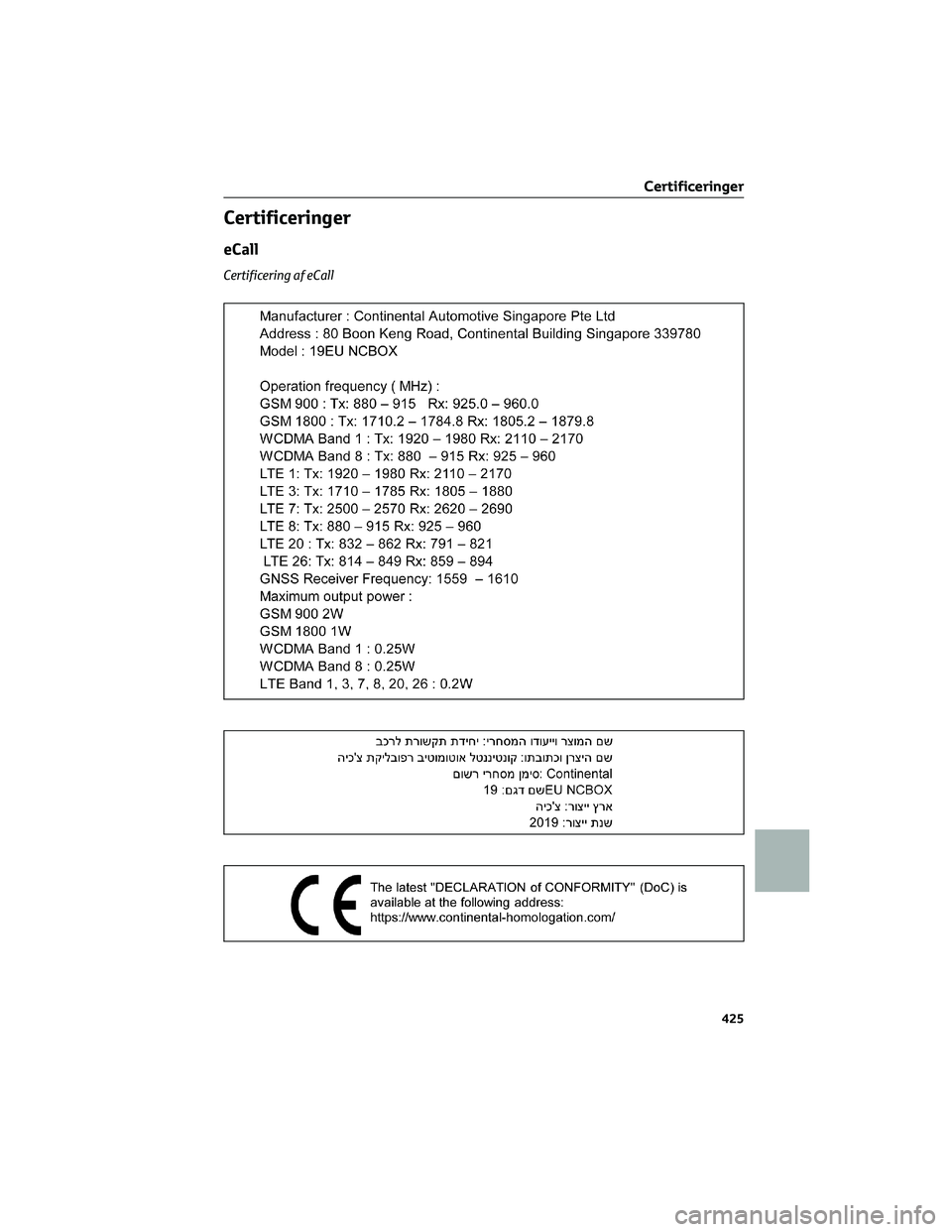 TOYOTA YARIS CROSS 2021  Brugsanvisning (in Danish) Certificeringer
eCall
Certificering af eCall
Certificeringer
425 