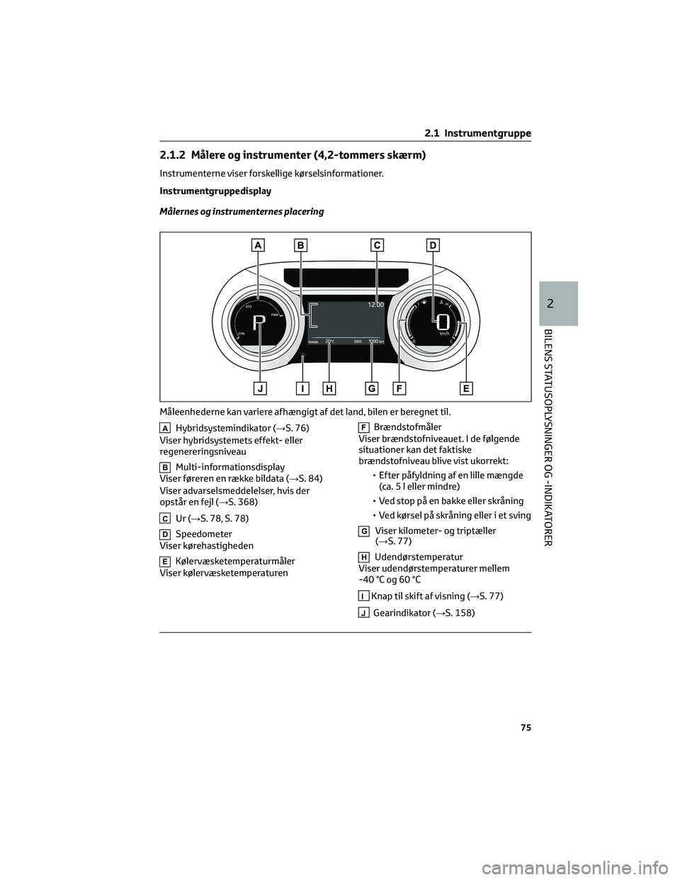 TOYOTA YARIS CROSS 2021 Brugsanvisning (in Danish) 2.1.2 Målere og instrumenter (4,2-tommers skærm)
Instrumenterne viser forskellige kørselsinformationer.
Instrumentgruppedisplay
Målernes og instrumenternes placering
AHybridsystemindikator (→S. TOYOTA YARIS CROSS 2021 Brugsanvisning (in Danish) 2.1.2 Målere og instrumenter (4,2-tommers skærm)
Instrumenterne viser forskellige kørselsinformationer.
Instrumentgruppedisplay
Målernes og instrumenternes placering
AHybridsystemindikator (→S.