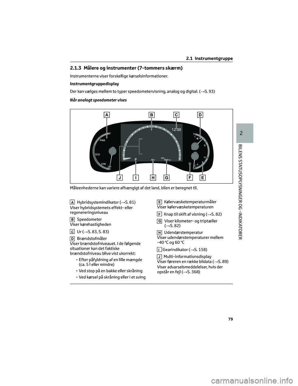 TOYOTA YARIS CROSS 2021 Brugsanvisning (in Danish) 2.1.3 Målere og instrumenter (7-tommers skærm)
Instrumenterne viser forskellige kørselsinformationer.
Instrumentgruppedisplay
Der kan vælges mellem to typer speedometervisning, analog og digital. TOYOTA YARIS CROSS 2021 Brugsanvisning (in Danish) 2.1.3 Målere og instrumenter (7-tommers skærm)
Instrumenterne viser forskellige kørselsinformationer.
Instrumentgruppedisplay
Der kan vælges mellem to typer speedometervisning, analog og digital.