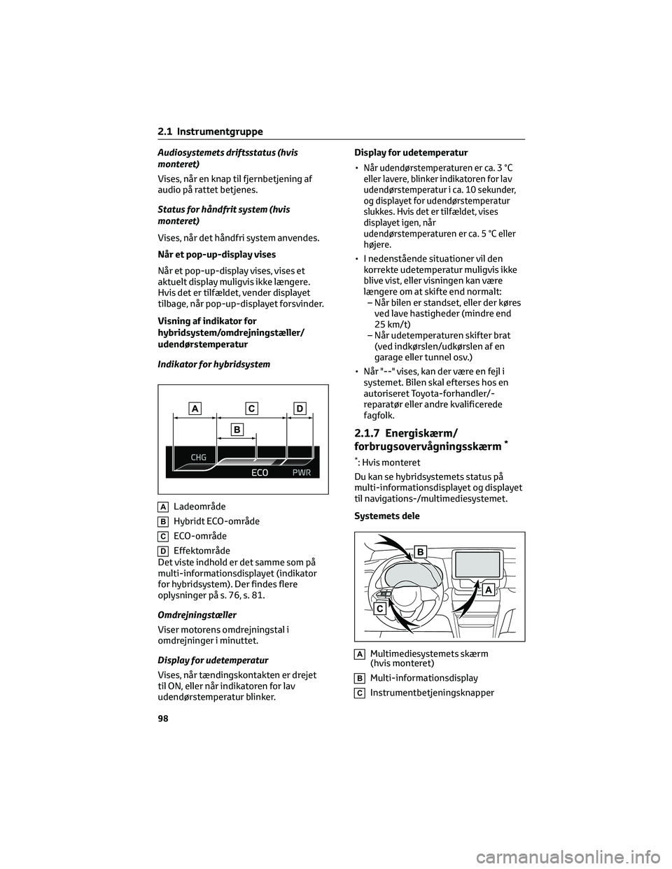 TOYOTA YARIS CROSS 2021  Brugsanvisning (in Danish) Audiosystemets driftsstatus (hvis
monteret)
Vises, når en knap til fjernbetjening af
audio på rattet betjenes.
Status for håndfrit system (hvis
monteret)
Vises, når det håndfri system anvendes.
N