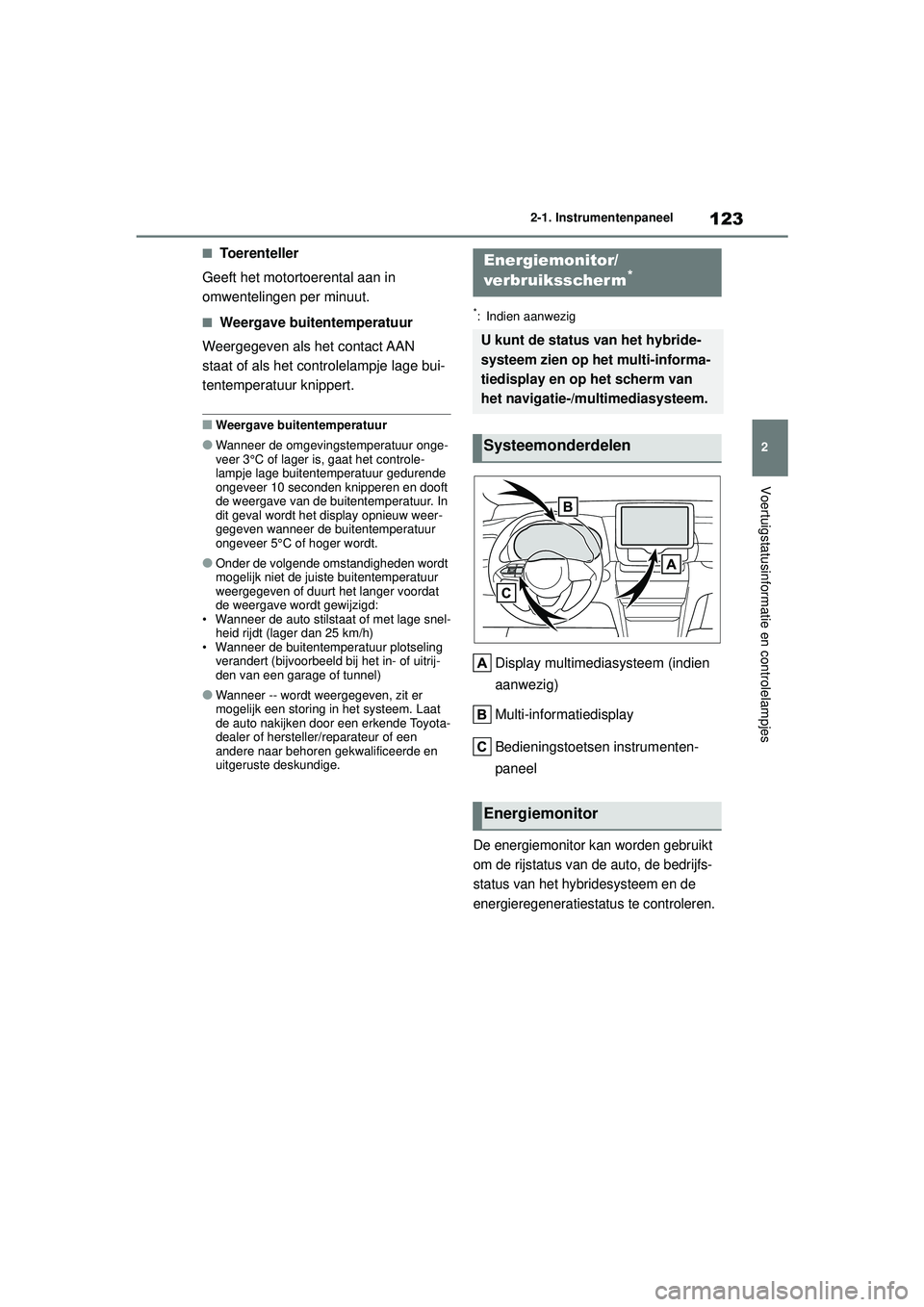 TOYOTA YARIS CROSS 2021 Instructieboekje (in Dutch) 123
2
Handleiding YARIS CROSS_Europa_M52K60_nl
2-1. Instrumentenpaneel
Voertuigstatusinformatie en controlelampjes
■Toerenteller
Geeft het motortoerental aan in
omwentelingen per minuut.
■Weergav TOYOTA YARIS CROSS 2021 Instructieboekje (in Dutch) 123
2
Handleiding YARIS CROSS_Europa_M52K60_nl
2-1. Instrumentenpaneel
Voertuigstatusinformatie en controlelampjes
■Toerenteller
Geeft het motortoerental aan in
omwentelingen per minuut.
■Weergav