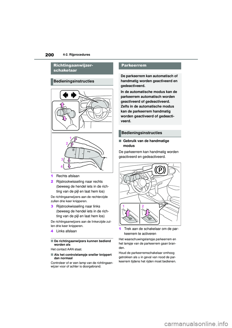 TOYOTA YARIS CROSS 2021  Instructieboekje (in Dutch) 200
Handleiding YARIS CROSS_Europa_M52K60_nl
4-2. Rijprocedures
1Rechts afslaan
2 Rijstrookwisseling naar rechts 
(beweeg de hendel iets in de rich-
ting van de pijl en laat hem los)
De richtingaanwij