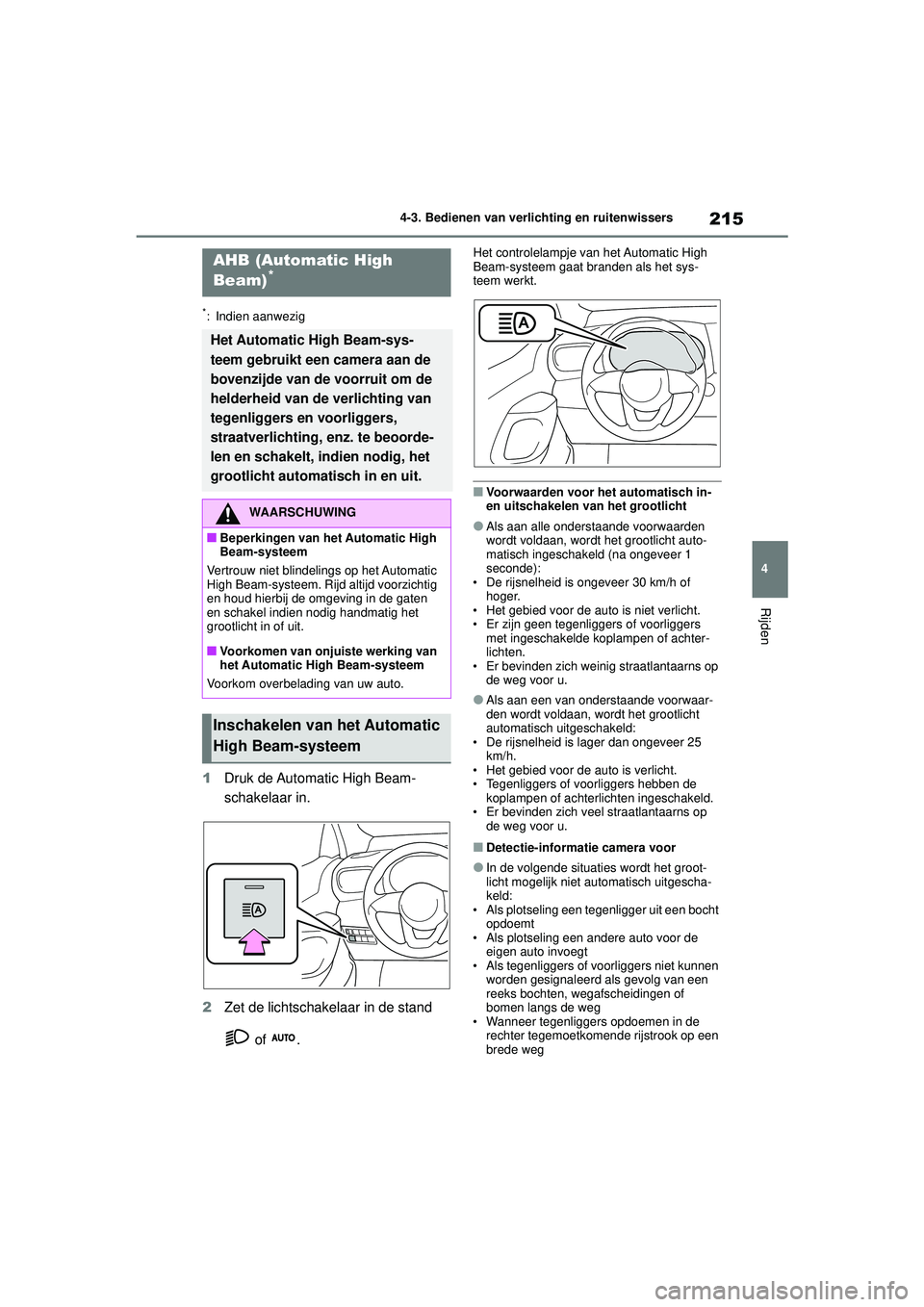 TOYOTA YARIS CROSS 2021  Instructieboekje (in Dutch) 215
4
Handleiding YARIS CROSS_Europa_M52K60_nl
4-3. Bedienen van verlichting en ruitenwissers
Rijden
*: Indien aanwezig
1Druk de Automatic High Beam-
schakelaar in.
2 Zet de lichtschakelaar in de stan
