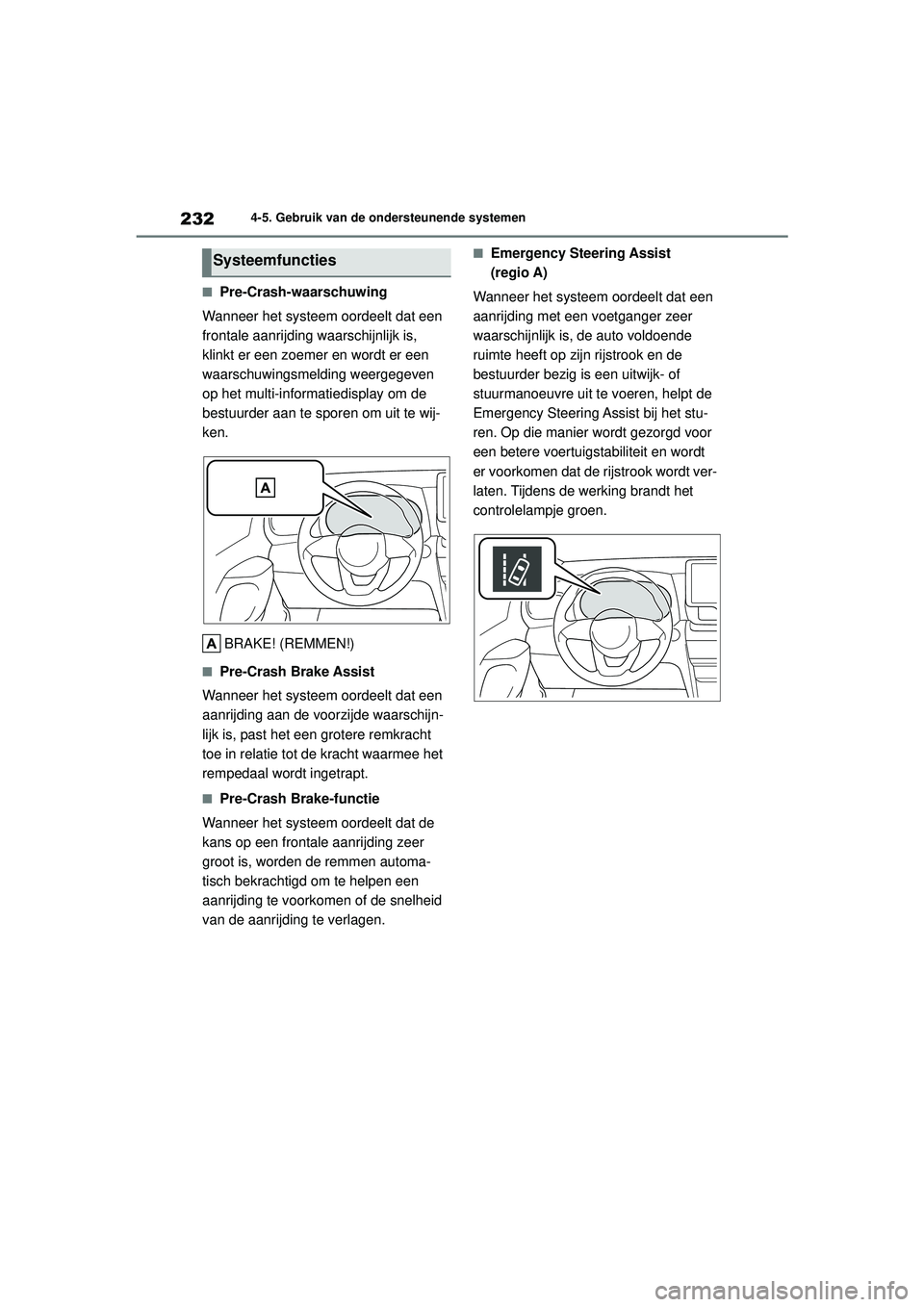 TOYOTA YARIS CROSS 2021 Instructieboekje (in Dutch) 232
Handleiding YARIS CROSS_Europa_M52K60_nl
4-5. Gebruik van de ondersteunende systemen
■Pre-Crash-waarschuwing
Wanneer het systeem oordeelt dat een
frontale aanrijding waarschijnlijk is,
klinkt TOYOTA YARIS CROSS 2021 Instructieboekje (in Dutch) 232
Handleiding YARIS CROSS_Europa_M52K60_nl
4-5. Gebruik van de ondersteunende systemen
■Pre-Crash-waarschuwing
Wanneer het systeem oordeelt dat een
frontale aanrijding waarschijnlijk is,
klinkt