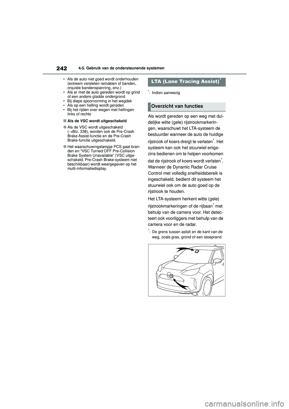 TOYOTA YARIS CROSS 2021 Instructieboekje (in Dutch) 242
Handleiding YARIS CROSS_Europa_M52K60_nl
4-5. Gebruik van de ondersteunende systemen
• Als de auto niet goed wordt onderhouden (extreem versleten remdelen of banden,
onjuiste bandenspanning, e TOYOTA YARIS CROSS 2021 Instructieboekje (in Dutch) 242
Handleiding YARIS CROSS_Europa_M52K60_nl
4-5. Gebruik van de ondersteunende systemen
• Als de auto niet goed wordt onderhouden (extreem versleten remdelen of banden,
onjuiste bandenspanning, e
