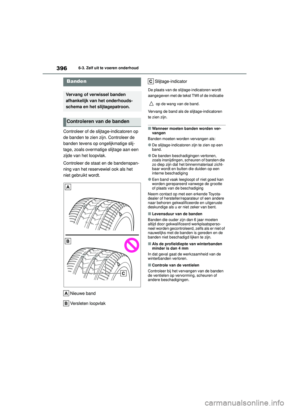 TOYOTA YARIS CROSS 2021 Instructieboekje (in Dutch) 396
Handleiding YARIS CROSS_Europa_M52K60_nl
6-3. Zelf uit te voeren onderhoud
Controleer of de slijtage-indicatoren op
de banden te zien zijn. Controleer de
banden tevens op ongelijkmatige slij-
ta TOYOTA YARIS CROSS 2021 Instructieboekje (in Dutch) 396
Handleiding YARIS CROSS_Europa_M52K60_nl
6-3. Zelf uit te voeren onderhoud
Controleer of de slijtage-indicatoren op
de banden te zien zijn. Controleer de
banden tevens op ongelijkmatige slij-
ta