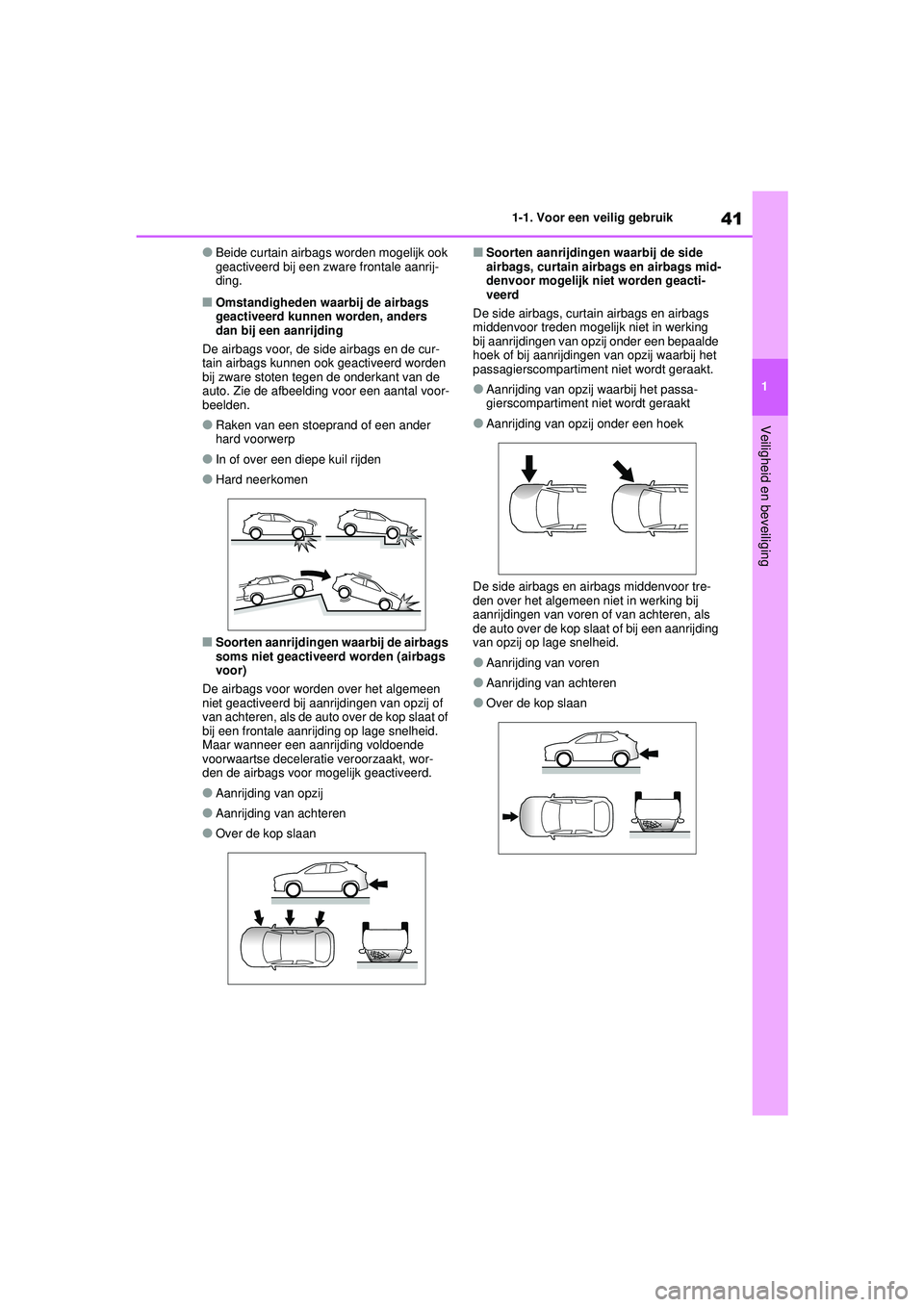 TOYOTA YARIS CROSS 2021 Instructieboekje (in Dutch) 41
1
Handleiding YARIS CROSS_Europa_M52K60_nl
1-1. Voor een veilig gebruik
Veiligheid en beveiliging
●Beide curtain airbags worden mogelijk ook
geactiveerd bij een zware frontale aanrij-
ding.
■O TOYOTA YARIS CROSS 2021 Instructieboekje (in Dutch) 41
1
Handleiding YARIS CROSS_Europa_M52K60_nl
1-1. Voor een veilig gebruik
Veiligheid en beveiliging
●Beide curtain airbags worden mogelijk ook
geactiveerd bij een zware frontale aanrij-
ding.
■O