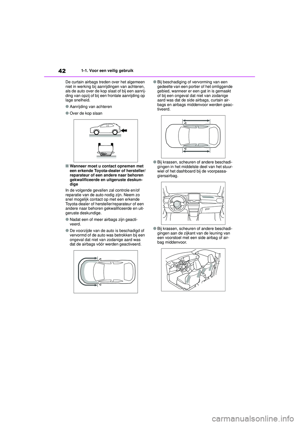 TOYOTA YARIS CROSS 2021 Instructieboekje (in Dutch) 42
Handleiding YARIS CROSS_Europa_M52K60_nl
1-1. Voor een veilig gebruik
De curtain airbags treden over het algemeen
niet in werking bij aanrijdingen van achteren,
als de auto over de kop slaat of b TOYOTA YARIS CROSS 2021 Instructieboekje (in Dutch) 42
Handleiding YARIS CROSS_Europa_M52K60_nl
1-1. Voor een veilig gebruik
De curtain airbags treden over het algemeen
niet in werking bij aanrijdingen van achteren,
als de auto over de kop slaat of b