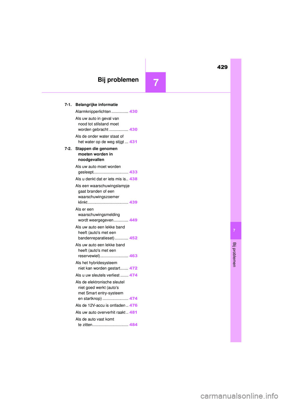 TOYOTA YARIS CROSS 2021 Instructieboekje (in Dutch) 7
429
Handleiding YARIS CROSS_Europa_M52K60_nl
7
Bij problemen
Bij problemen
7-1. Belangrijke informatieAlarmknipperlichten ............... 430
Als uw auto in geval van nood tot stilstand moet
worde TOYOTA YARIS CROSS 2021 Instructieboekje (in Dutch) 7
429
Handleiding YARIS CROSS_Europa_M52K60_nl
7
Bij problemen
Bij problemen
7-1. Belangrijke informatieAlarmknipperlichten ............... 430
Als uw auto in geval van nood tot stilstand moet
worde