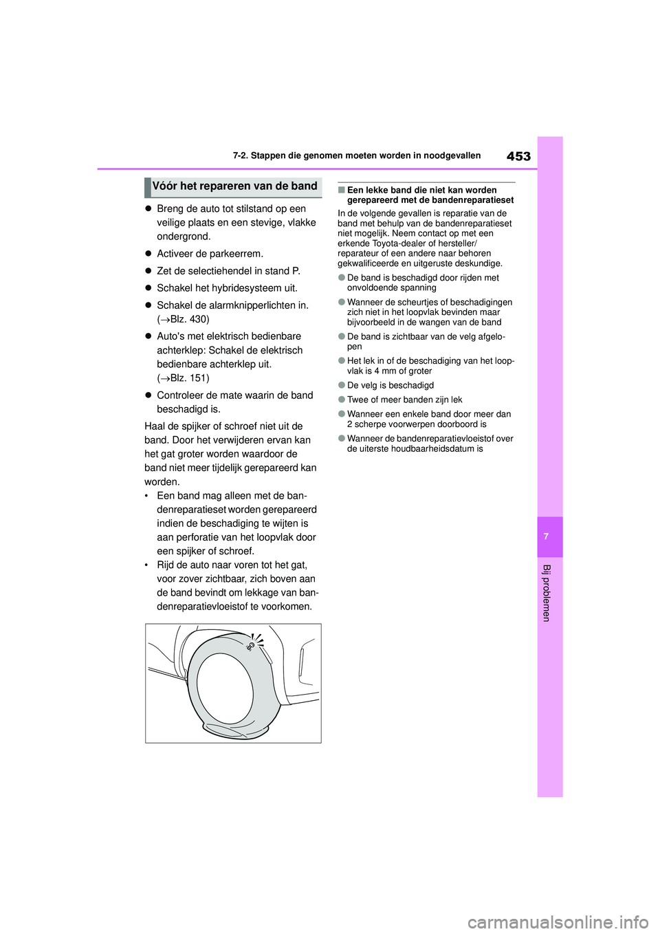 TOYOTA YARIS CROSS 2021 Instructieboekje (in Dutch) 453
7
Handleiding YARIS CROSS_Europa_M52K60_nl
7-2. Stappen die genomen moeten worden in noodgevallen
Bij problemen
Breng de auto tot stilstand op een
veilige plaats en een stevige, vlakke
onderg TOYOTA YARIS CROSS 2021 Instructieboekje (in Dutch) 453
7
Handleiding YARIS CROSS_Europa_M52K60_nl
7-2. Stappen die genomen moeten worden in noodgevallen
Bij problemen
Breng de auto tot stilstand op een
veilige plaats en een stevige, vlakke
onderg