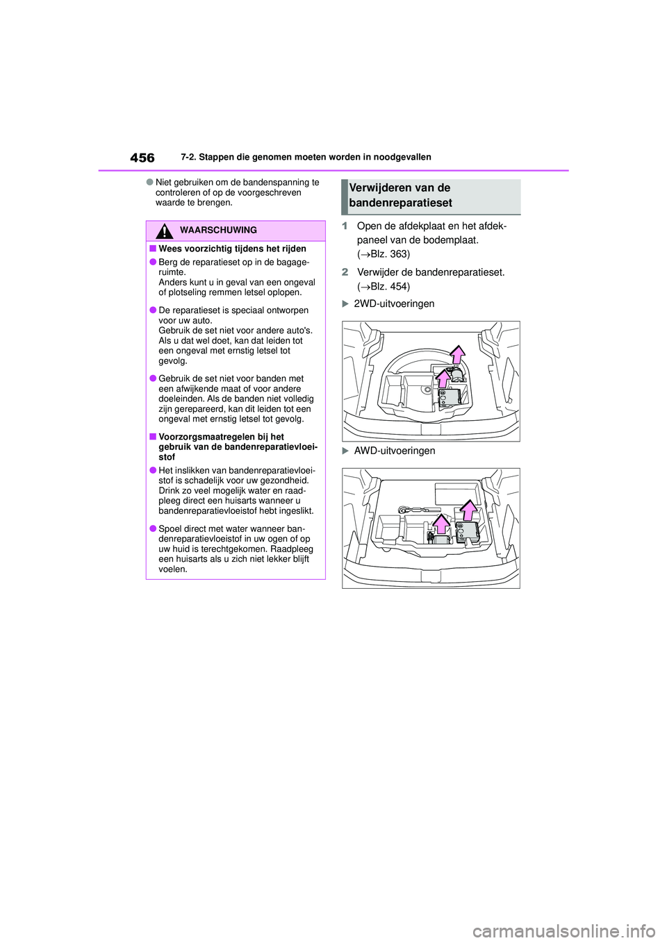 TOYOTA YARIS CROSS 2021 Instructieboekje (in Dutch) 456
Handleiding YARIS CROSS_Europa_M52K60_nl
7-2. Stappen die genomen moeten worden in noodgevallen
●Niet gebruiken om de bandenspanning te
controleren of op de voorgeschreven
waarde te brengen.
1 TOYOTA YARIS CROSS 2021 Instructieboekje (in Dutch) 456
Handleiding YARIS CROSS_Europa_M52K60_nl
7-2. Stappen die genomen moeten worden in noodgevallen
●Niet gebruiken om de bandenspanning te
controleren of op de voorgeschreven
waarde te brengen.
1