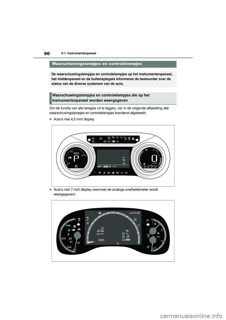 TOYOTA YARIS CROSS 2021 Instructieboekje (in Dutch) 90
Handleiding YARIS CROSS_Europa_M52K60_nl
2-1. Instrumentenpaneel
2-1.Instrumentenpaneel
Om de functie van alle lampjes uit te leggen, zijn in de volgende afbeelding alle
waarschuwingslampjes en co TOYOTA YARIS CROSS 2021 Instructieboekje (in Dutch) 90
Handleiding YARIS CROSS_Europa_M52K60_nl
2-1. Instrumentenpaneel
2-1.Instrumentenpaneel
Om de functie van alle lampjes uit te leggen, zijn in de volgende afbeelding alle
waarschuwingslampjes en co