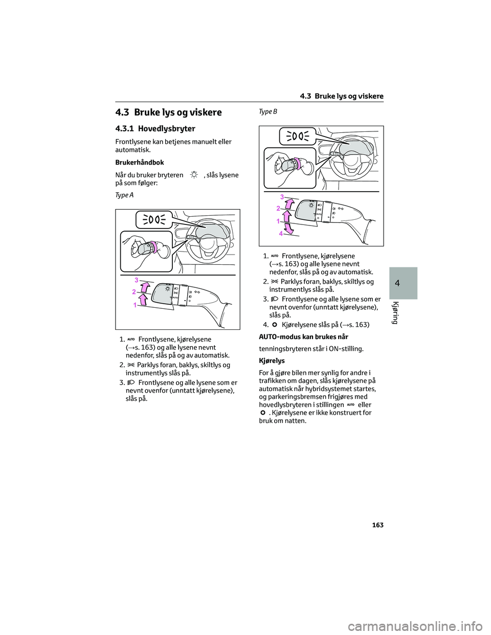 TOYOTA YARIS CROSS 2021  Instruksjoner for bruk (in Norwegian) 4.3 Bruke lys og viskere
4.3.1 Hovedlysbryter
Frontlysene kan betjenes manuelt eller
automatisk.
Brukerhåndbok
Når du bruker bryteren
, slås lysene
på som følger:
Ty p e A
1.
Frontlysene, kjørel