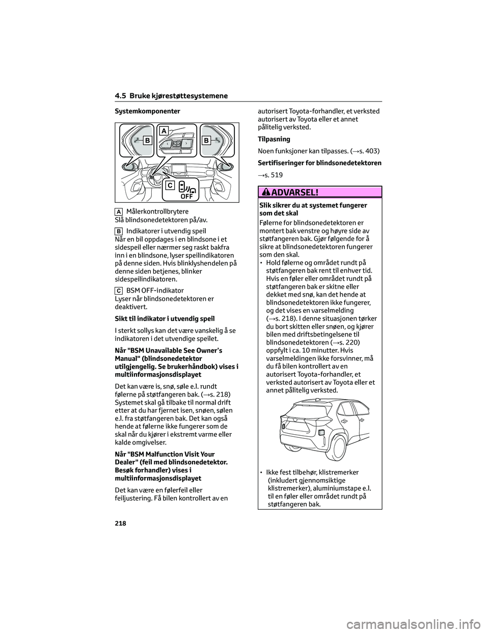 TOYOTA YARIS CROSS 2021 Instruksjoner for bruk (in Norwegian) Systemkomponenter
AMÃ¥lerkontrollbrytere
Slå blindsonedetektoren på/av.
BIndikatorer i utvendig speil
NÃ¥r en bil oppdages i en blindsone i et
sidespeil eller nærmer seg raskt bakfra
inn i en blind TOYOTA YARIS CROSS 2021 Instruksjoner for bruk (in Norwegian) Systemkomponenter
AMÃ¥lerkontrollbrytere
Slå blindsonedetektoren på/av.
BIndikatorer i utvendig speil
NÃ¥r en bil oppdages i en blindsone i et
sidespeil eller nærmer seg raskt bakfra
inn i en blind