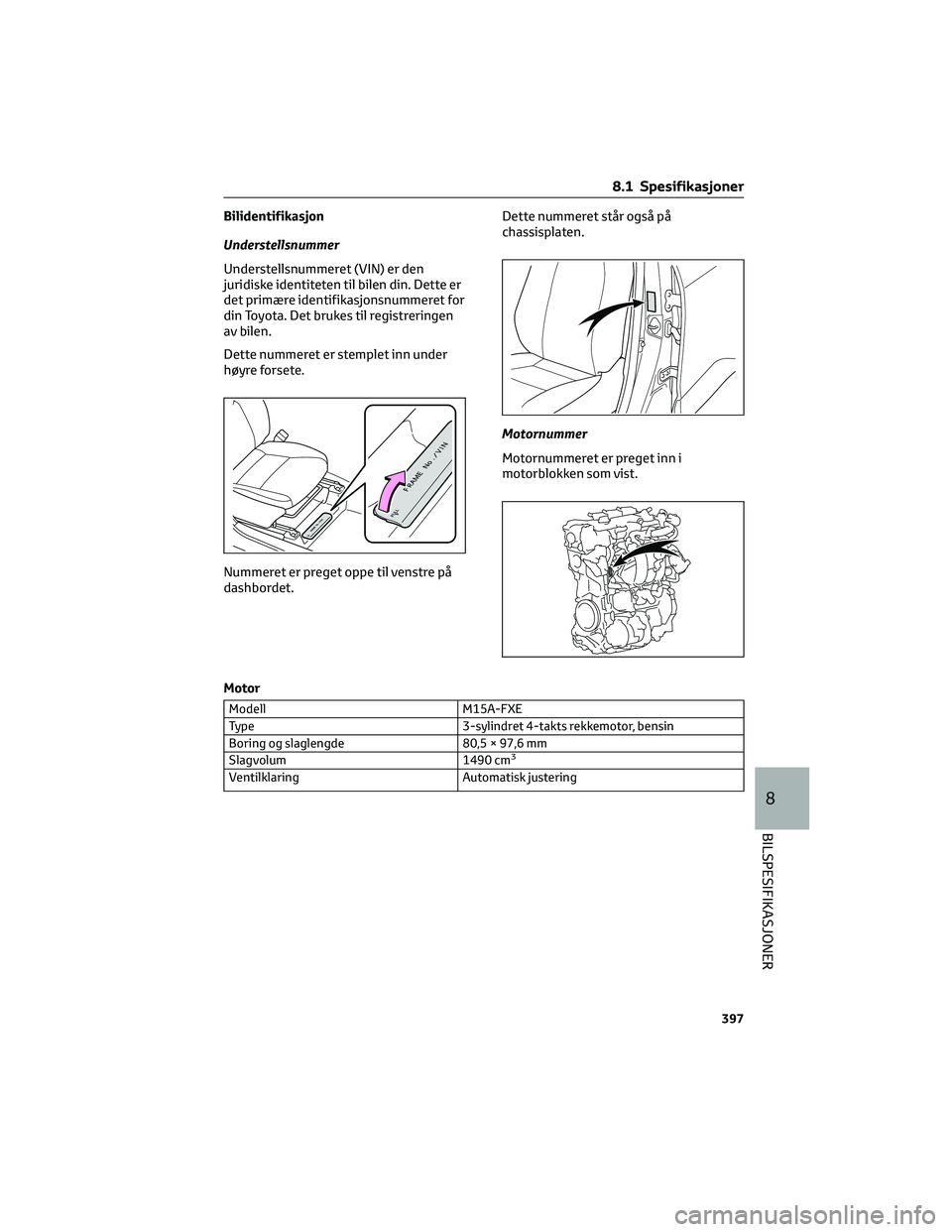 TOYOTA YARIS CROSS 2021 Instruksjoner for bruk (in Norwegian) Bilidentifikasjon
Understellsnummer
Understellsnummeret (VIN) er den
juridiske identiteten til bilen din. Dette er
det primære identifikasjonsnummeret for
din Toyota. Det brukes til registreringen
av TOYOTA YARIS CROSS 2021 Instruksjoner for bruk (in Norwegian) Bilidentifikasjon
Understellsnummer
Understellsnummeret (VIN) er den
juridiske identiteten til bilen din. Dette er
det primære identifikasjonsnummeret for
din Toyota. Det brukes til registreringen
av