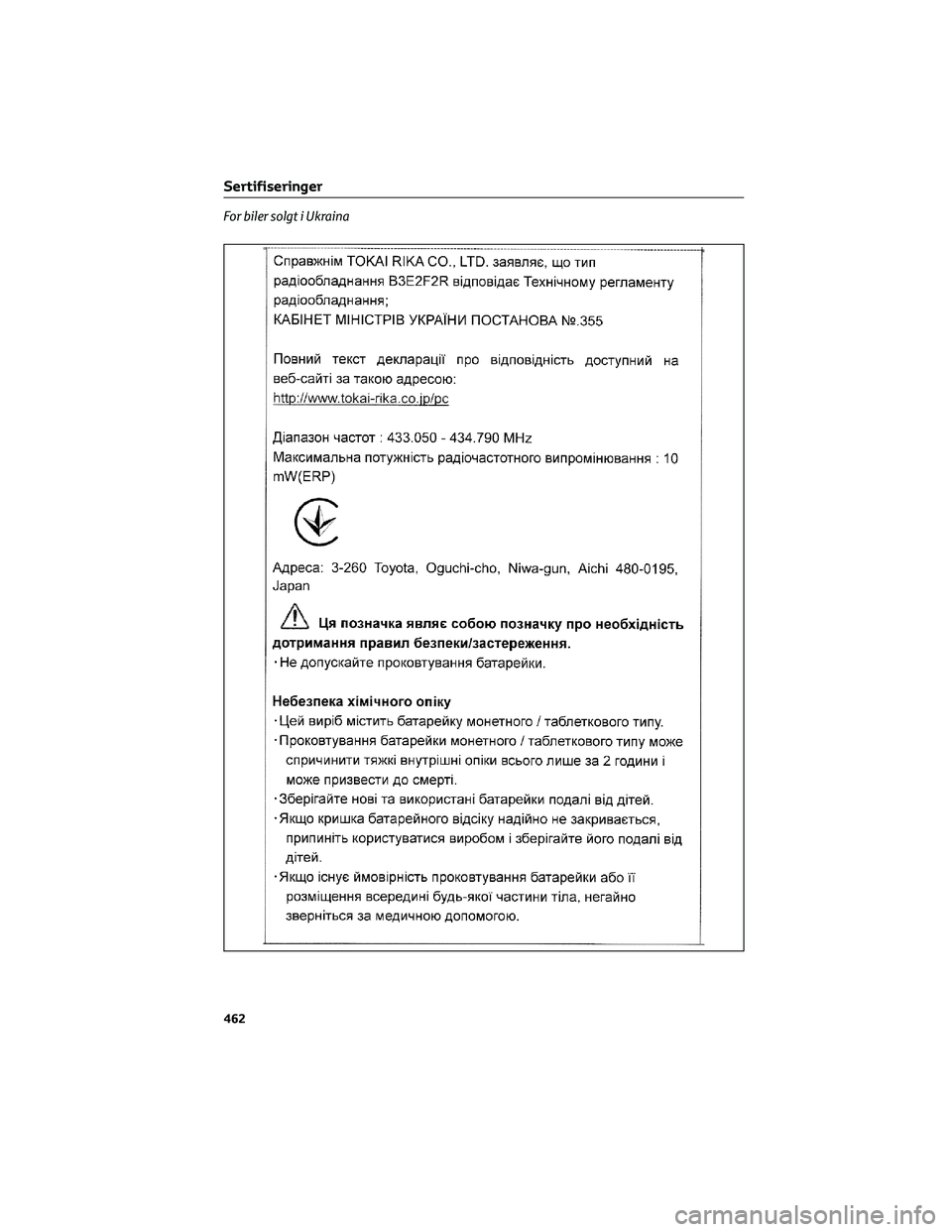 TOYOTA YARIS CROSS 2021 Instruksjoner for bruk (in Norwegian) For biler solgt i Ukraina
Sertifiseringer
462 TOYOTA YARIS CROSS 2021 Instruksjoner for bruk (in Norwegian) For biler solgt i Ukraina
Sertifiseringer
462