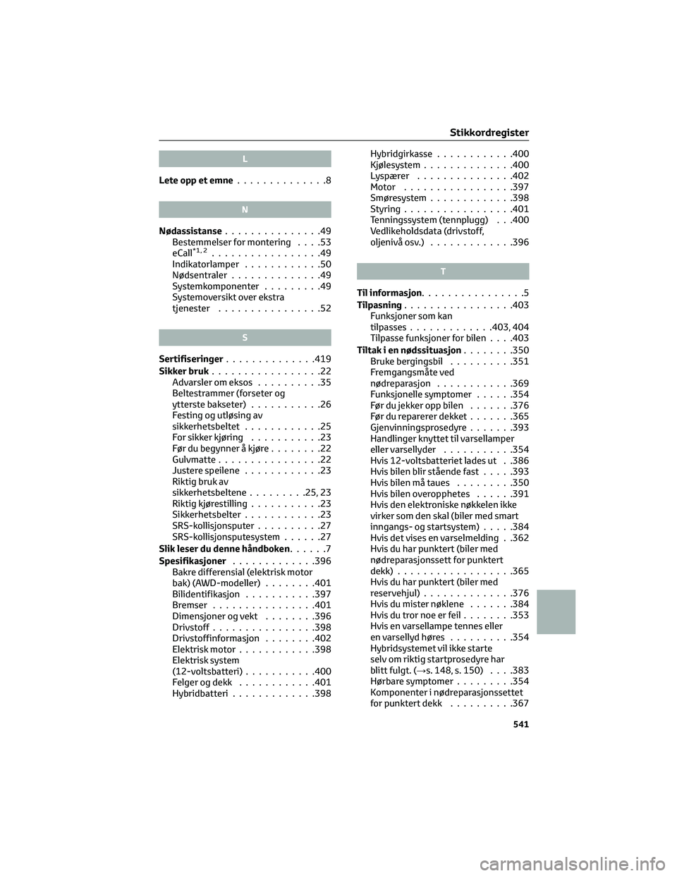 TOYOTA YARIS CROSS 2021 Instruksjoner for bruk (in Norwegian) L
Lete opp et emne..............8
N
Nødassistanse...............49
Bestemmelser for montering....53
eCall
*1, 2.................49
Indikatorlamper............50
Nødsentraler..............49
Systemko TOYOTA YARIS CROSS 2021 Instruksjoner for bruk (in Norwegian) L
Lete opp et emne..............8
N
Nødassistanse...............49
Bestemmelser for montering....53
eCall
*1, 2.................49
Indikatorlamper............50
Nødsentraler..............49
Systemko