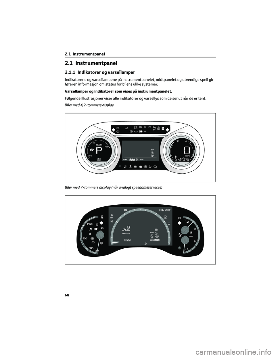 TOYOTA YARIS CROSS 2021 Instruksjoner for bruk (in Norwegian) 2.1 Instrumentpanel
2.1.1 Indikatorer og varsellamper
Indikatorene og varsellampene på instrumentpanelet, midtpanelet og utvendige speil gir
føreren informasjon om status for bilens ulike systemer.
TOYOTA YARIS CROSS 2021 Instruksjoner for bruk (in Norwegian) 2.1 Instrumentpanel
2.1.1 Indikatorer og varsellamper
Indikatorene og varsellampene på instrumentpanelet, midtpanelet og utvendige speil gir
føreren informasjon om status for bilens ulike systemer.