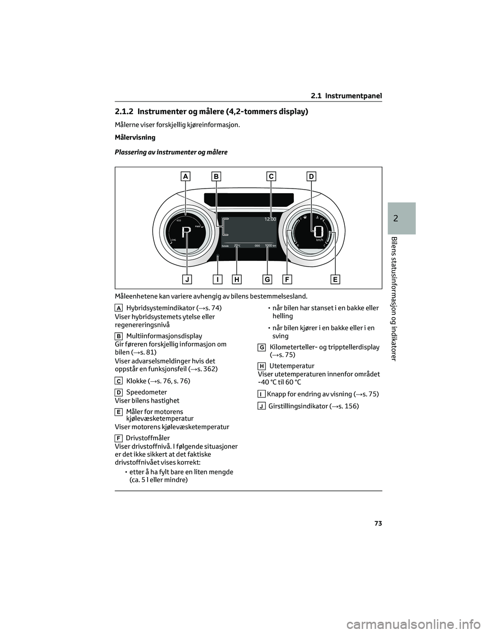 TOYOTA YARIS CROSS 2021  Instruksjoner for bruk (in Norwegian) 2.1.2 Instrumenter og målere (4,2-tommers display)
Målerne viser forskjellig kjøreinformasjon.
Målervisning
Plassering av instrumenter og målere
AHybridsystemindikator (→s. 74)
Viser hybridsyst